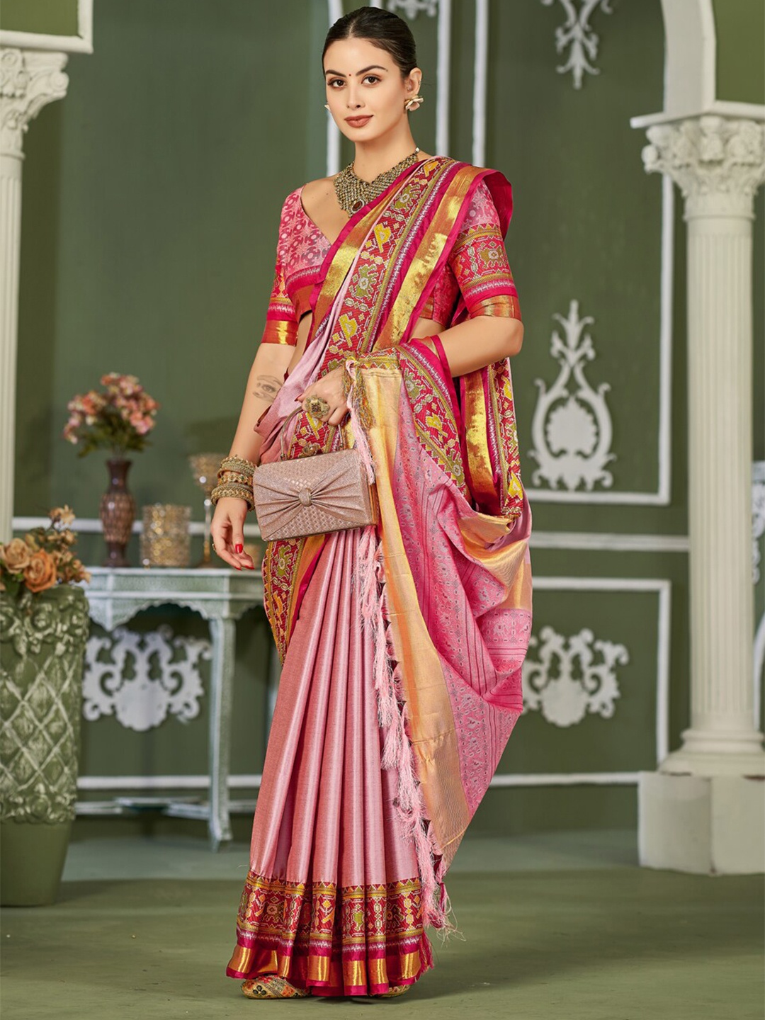 

WINKLECART Peach Ethnic Woven Design Zardozi Pure Silk Designer Mysore Silk Saree