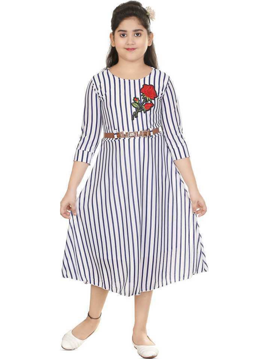 

BAESD Girls Striped Embroidered A-Line Dress With Belt, White