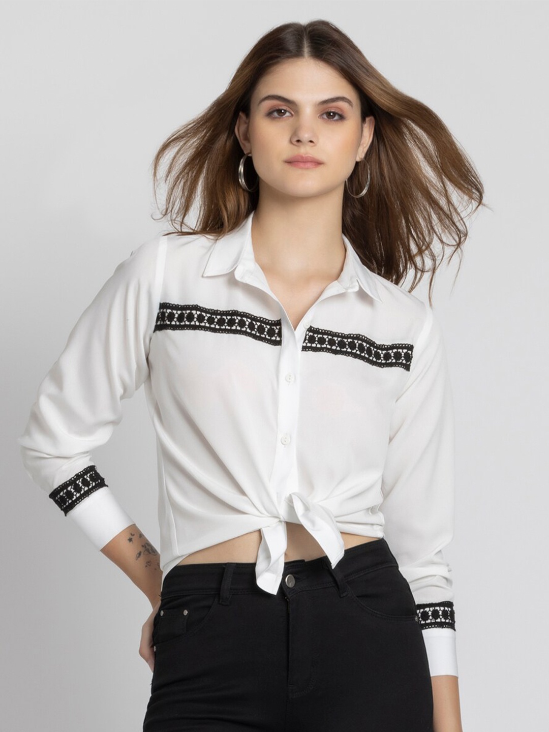 

SHAYE Smart Spread Collar Lace Inserts Casual Shirt, White