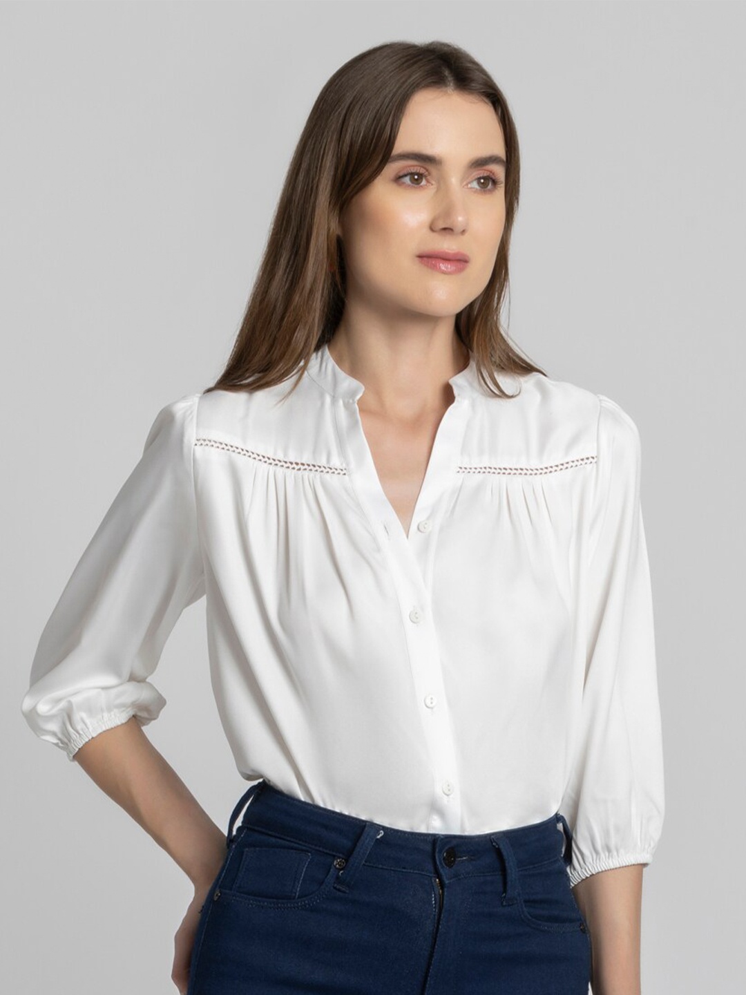 

SHAYE Mandarin Collar Cuffed Sleeves Shirt Style Top, White