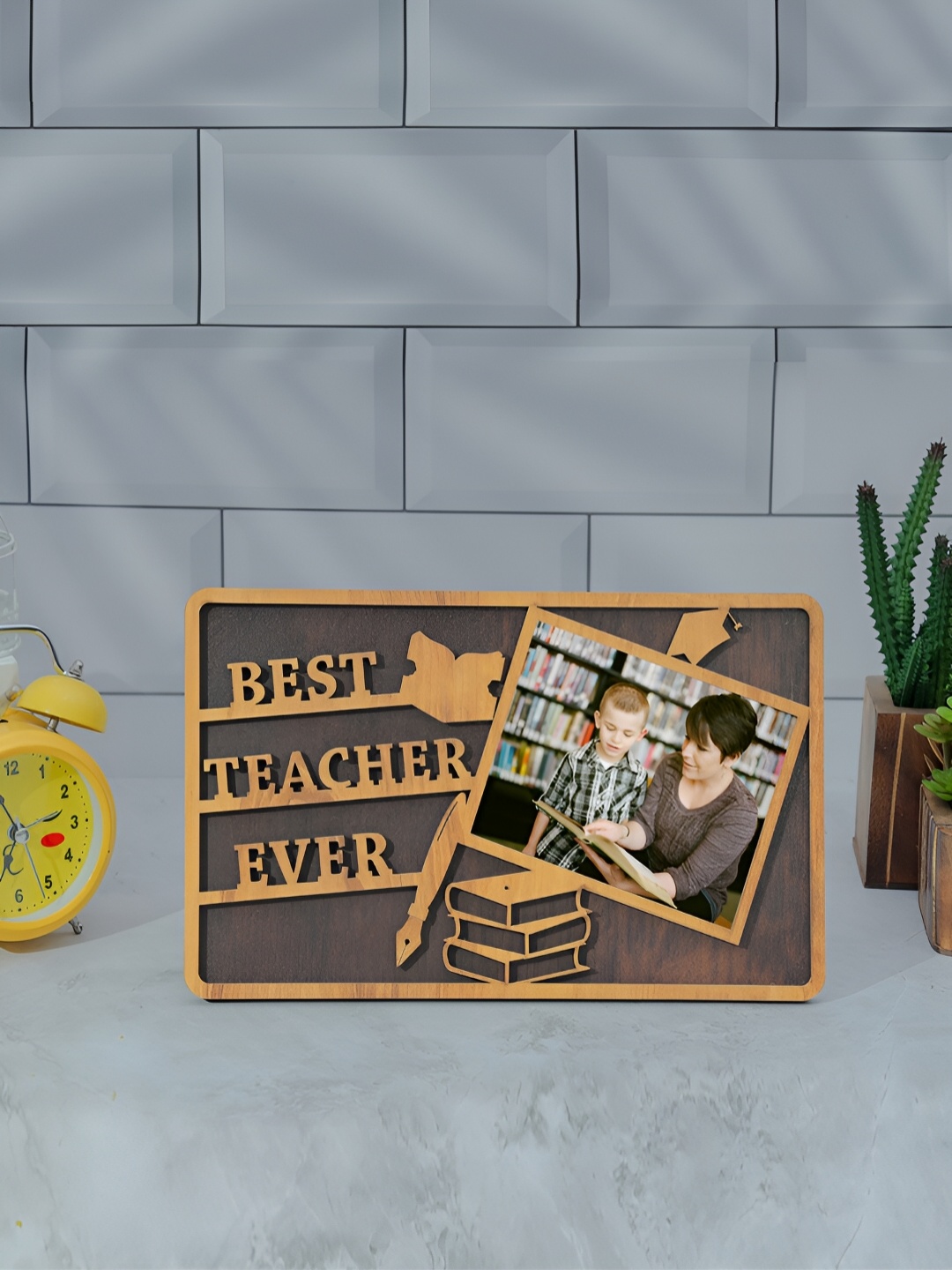 

TEAKWOOD Brown Textured Teacher Wooden Table Photo Frame