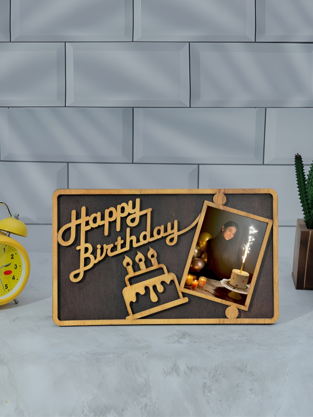 

TEAKWOOD Brown Textured Birthday Wooden Table Photo Frame