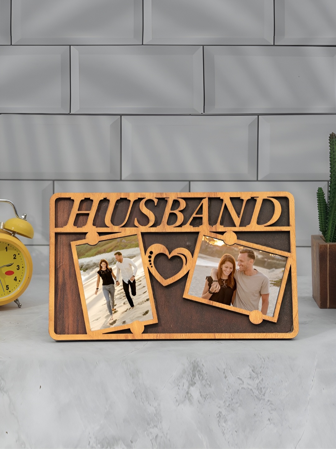 

TEAKWOOD Brown Textured Husband Wooden Table Photo Frame