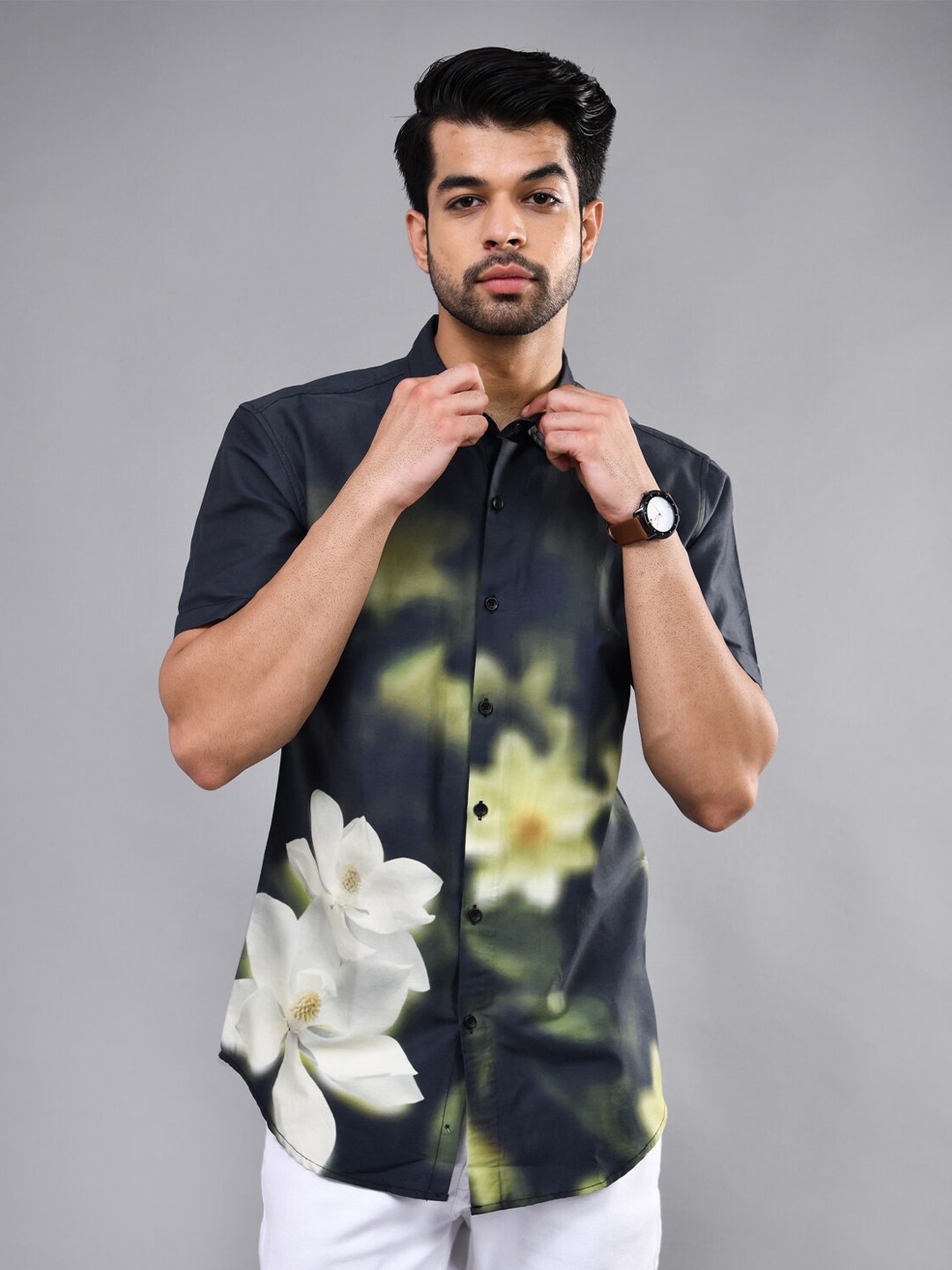 

DEZANO Smart Slim Fit Floral Printed Short Sleeves Casual Shirt, Green