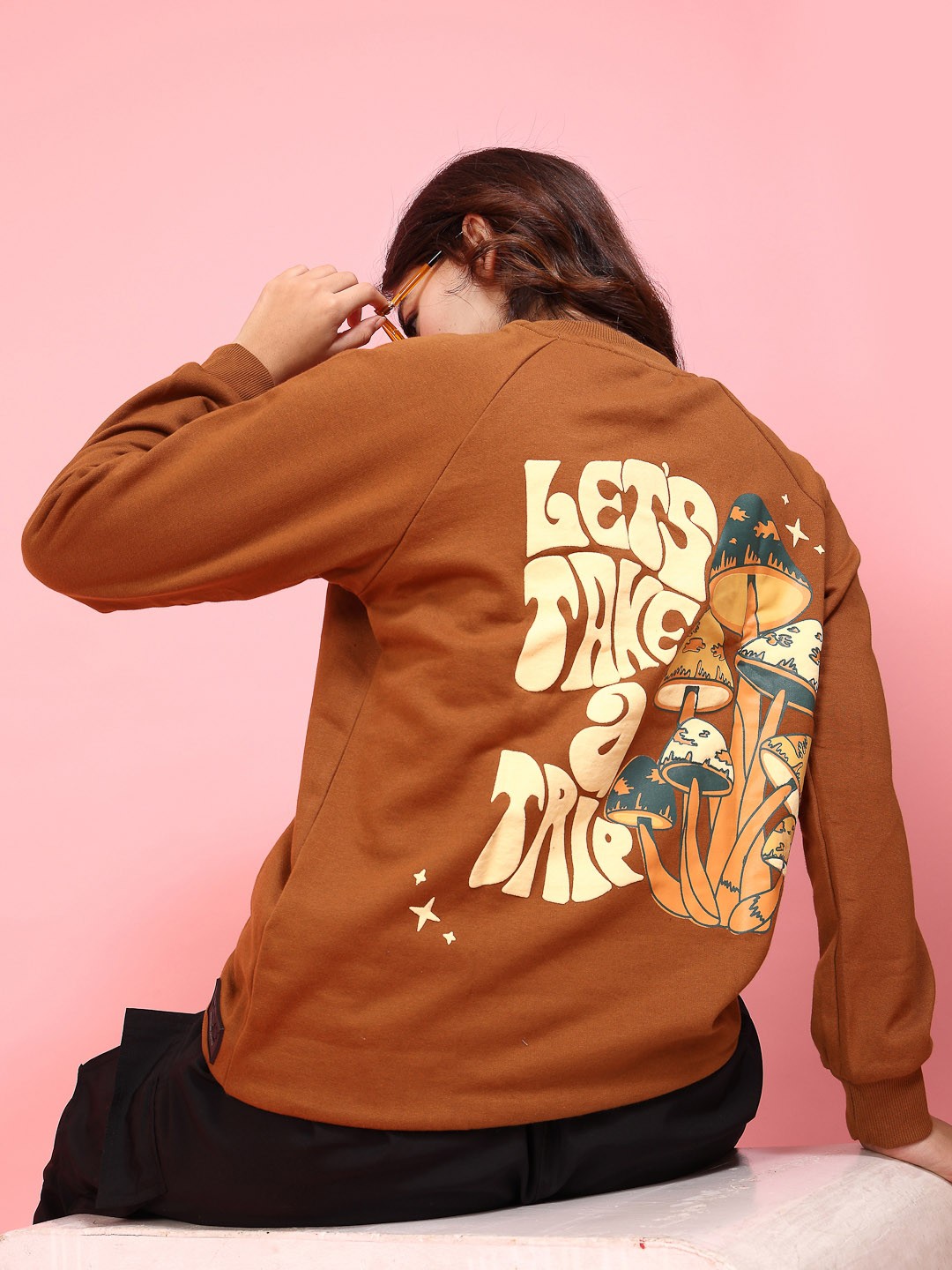 

Rigo Women Printed Oversized Fleece Pullover Sweatshirt, Camel brown