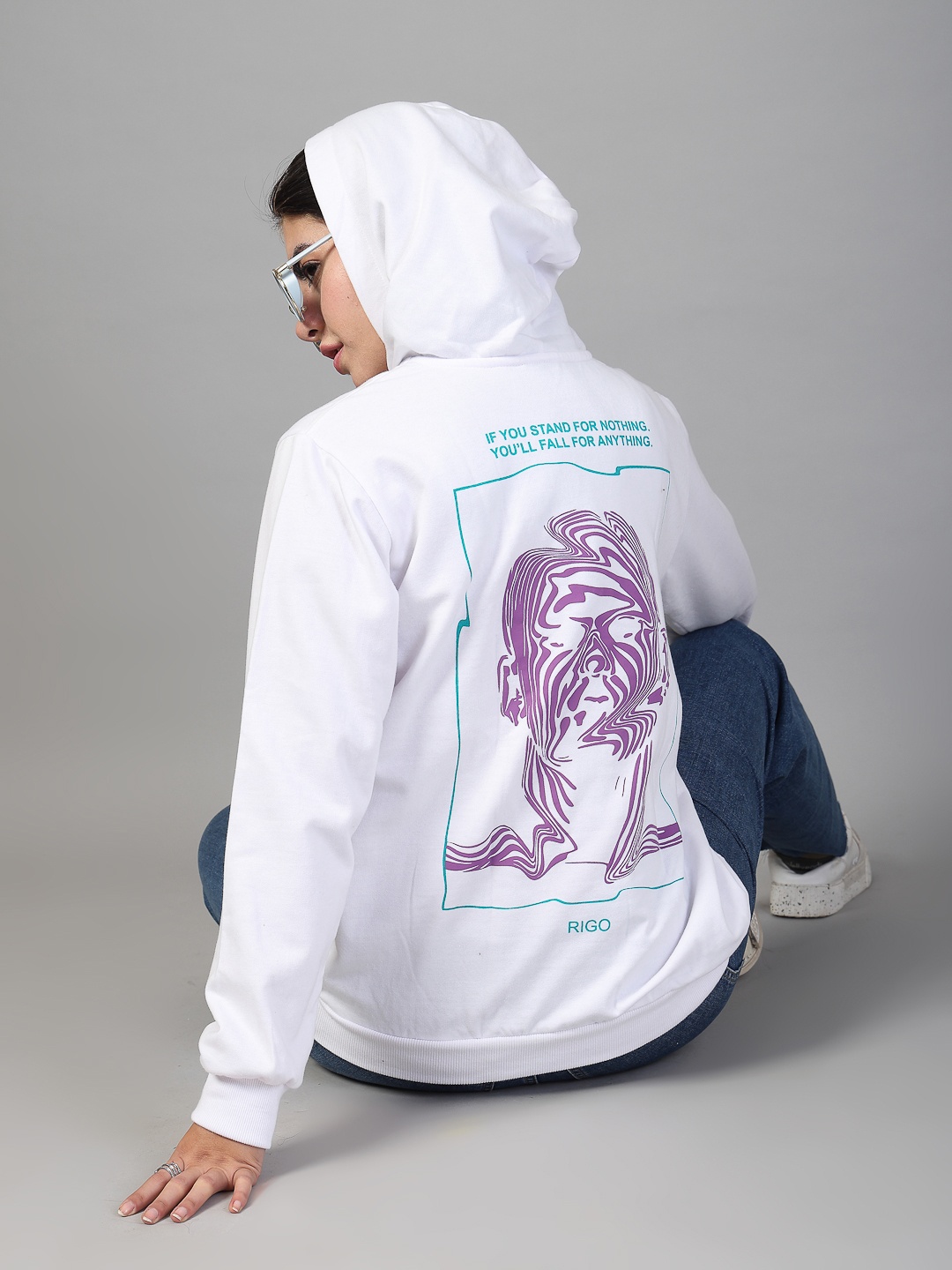 Rigo Women Printed Fleece Oversized Pullover Sweatshirt, White