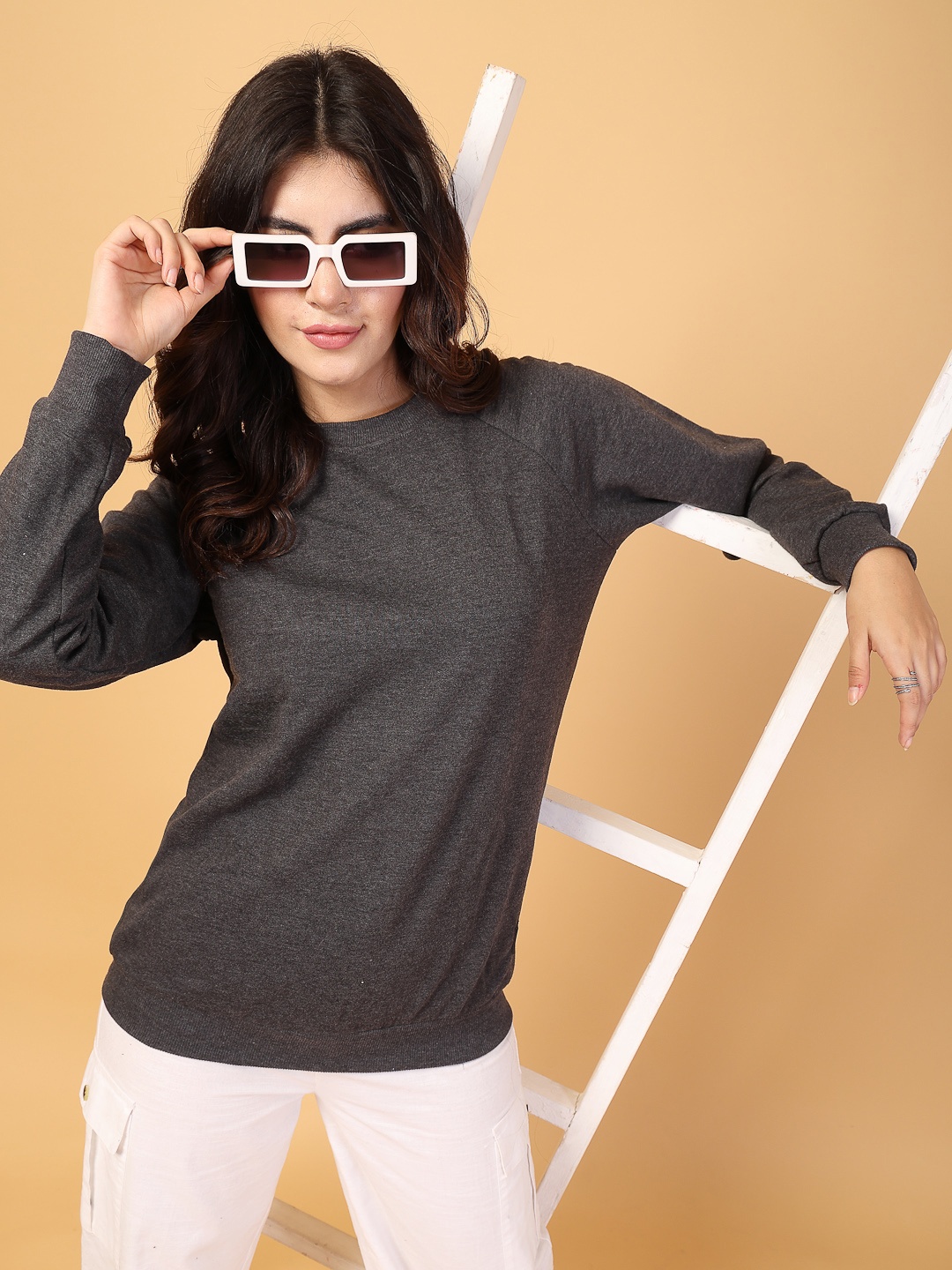Rigo Women Printed Oversized Fleece Pullover Sweatshirt, Charcoal