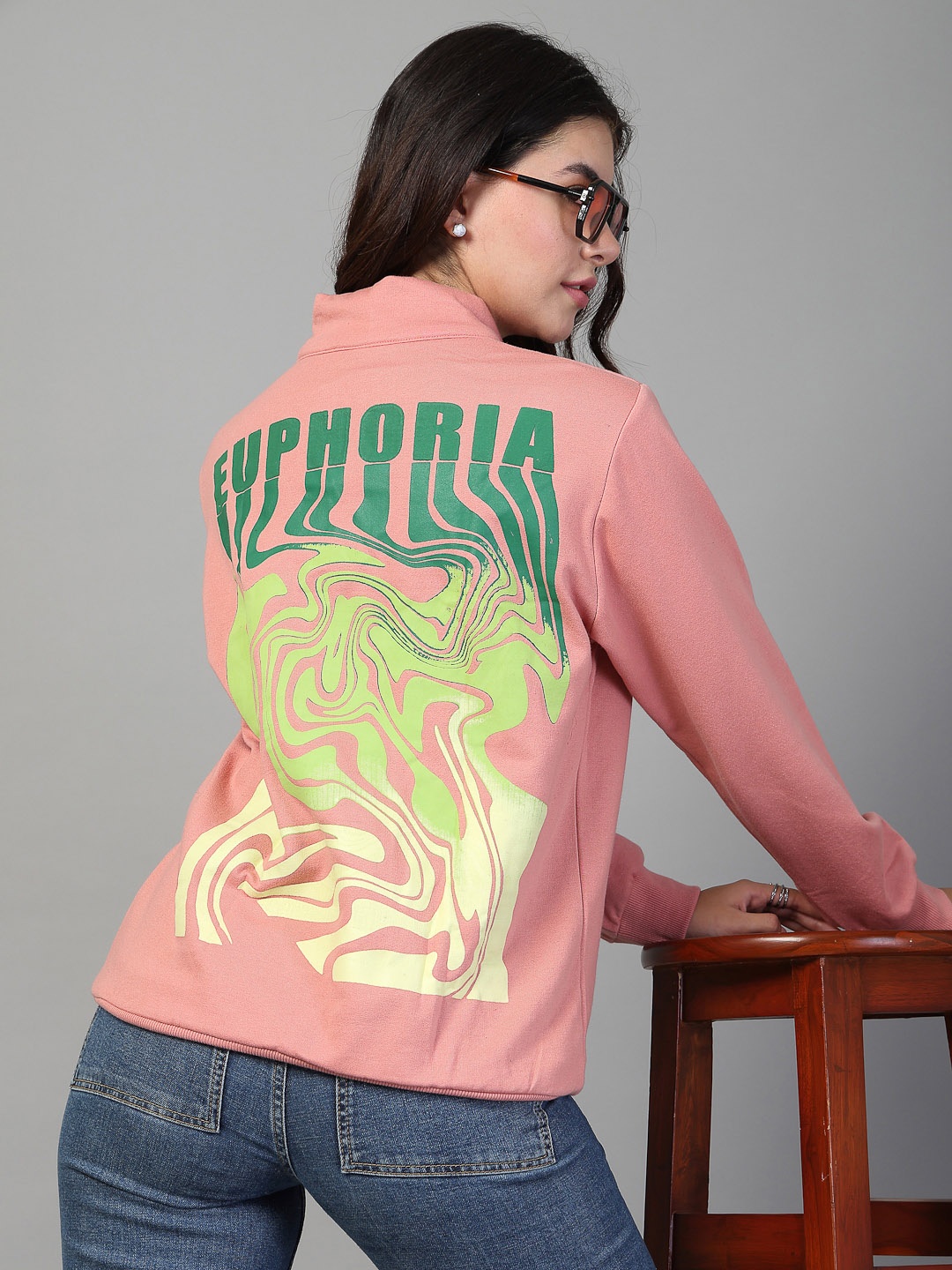 Rigo Women Printed Oversized Fleece Pullover Sweatshirt, Peach
