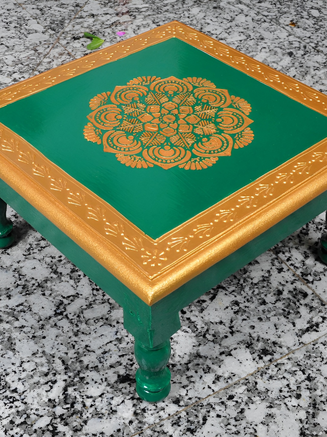 

Lal Haveli Green & Gold Toned Wooden Small Pooja Stool Bajot Square Chowki