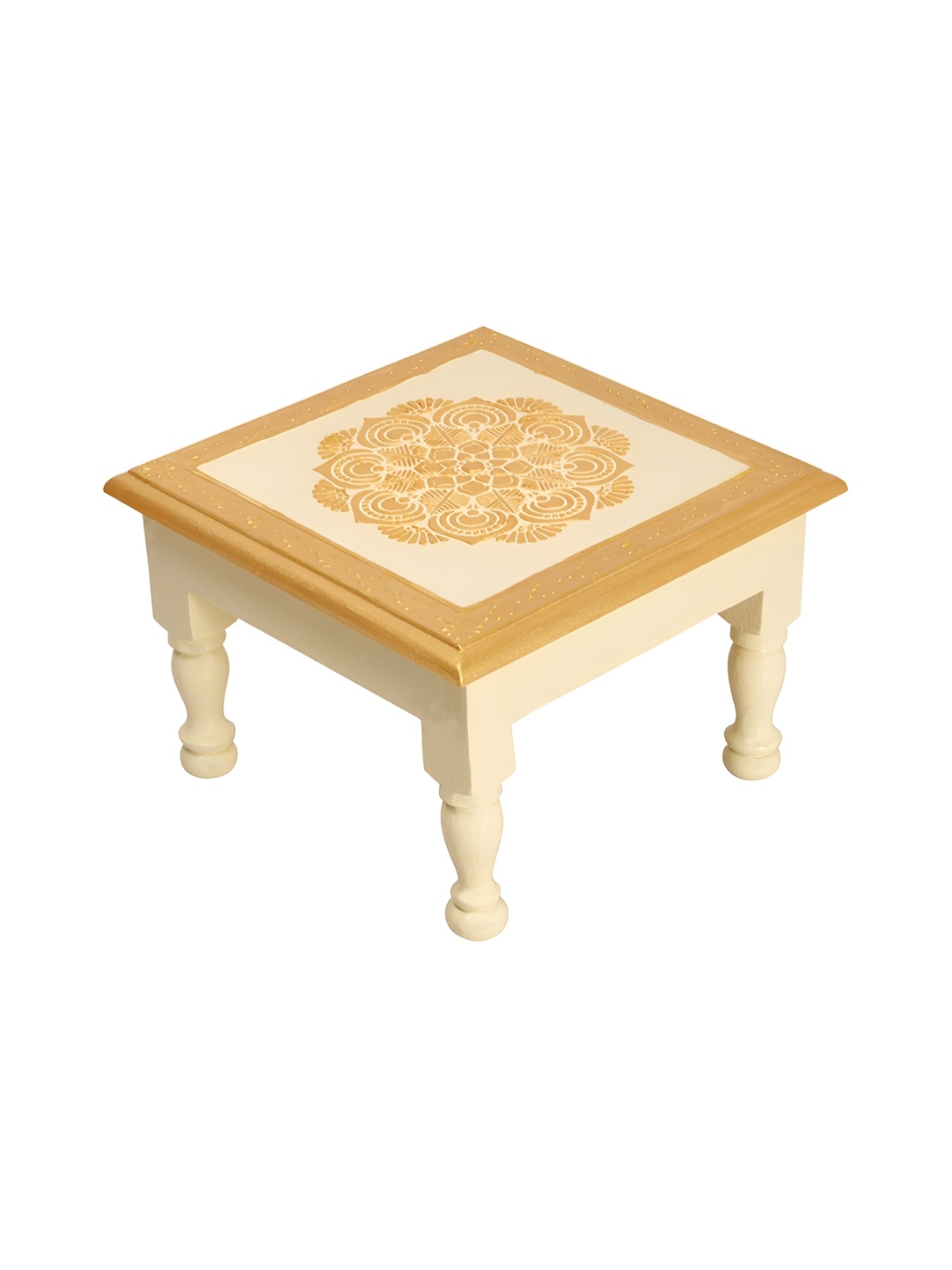 

Lal Haveli Off White & Brown Wooden Small Pooja Stool Bajot Square Chowki
