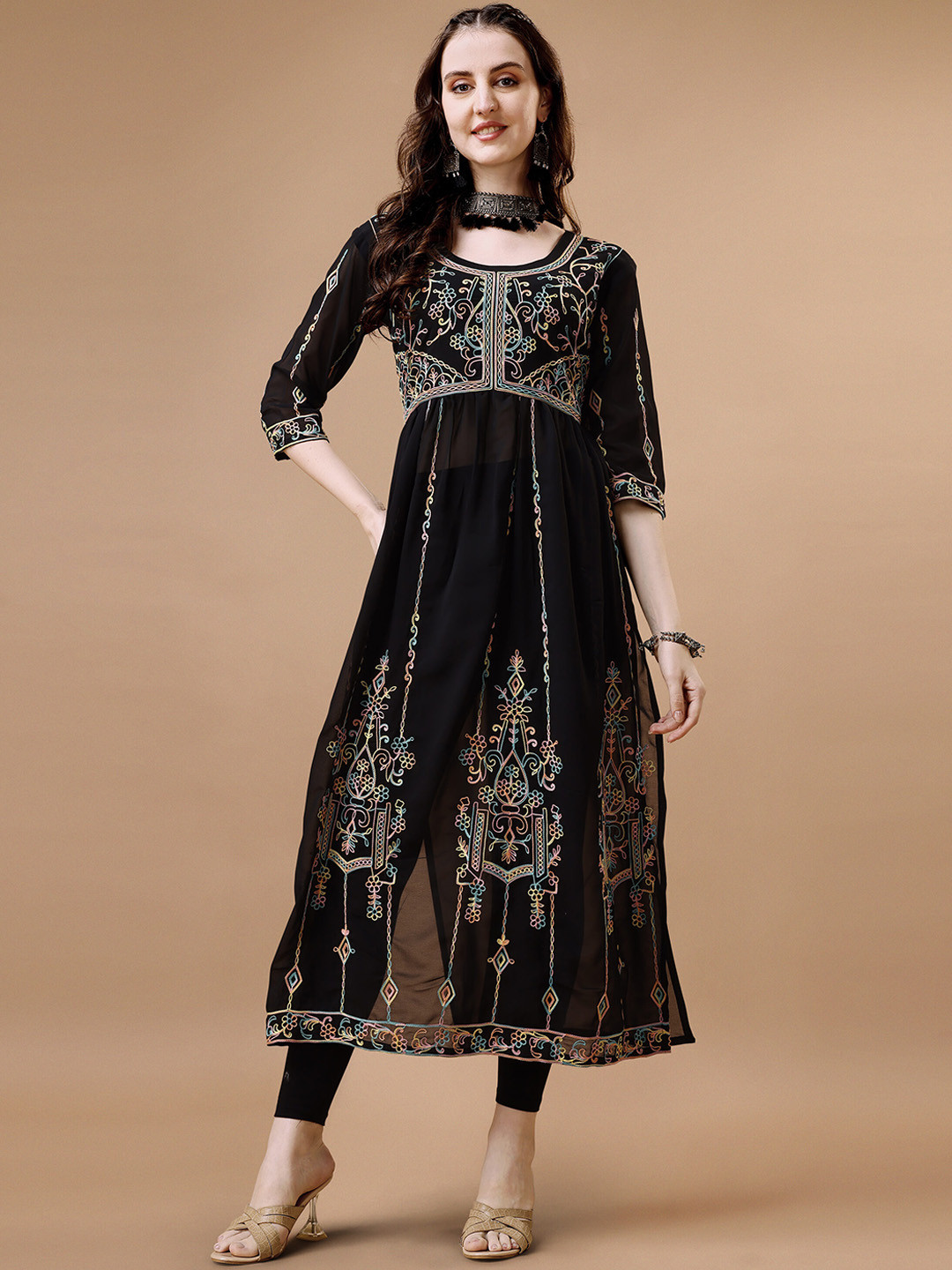

Shree Ramkrishna Fab Floral Embroidered Chikankari Georgette Anarkali Kurta, Black