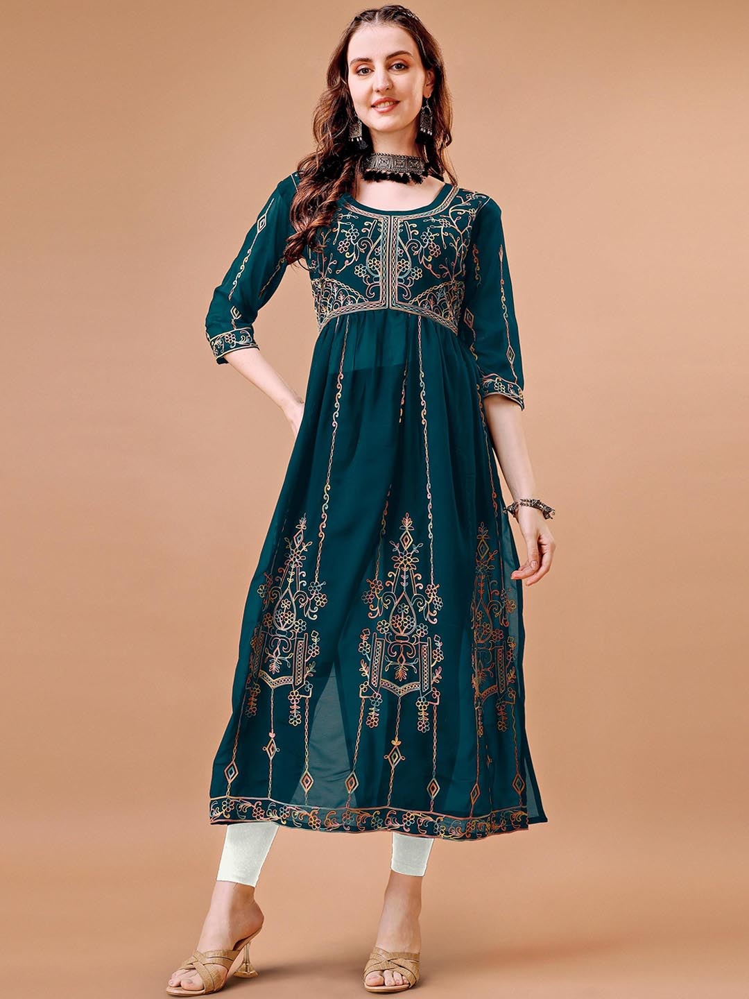 

Shree Ramkrishna Fab Floral Embroidered Chikankari Georgette Anarkali Kurta, Teal