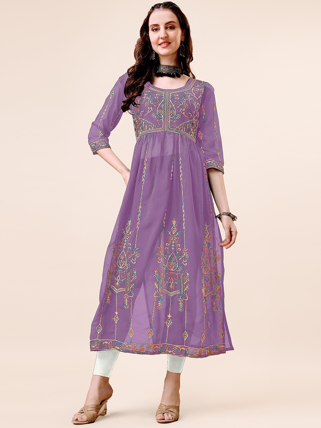 

Shree Ramkrishna Fab Floral Embroidered Chikankari Georgette Anarkali Kurta, Lavender