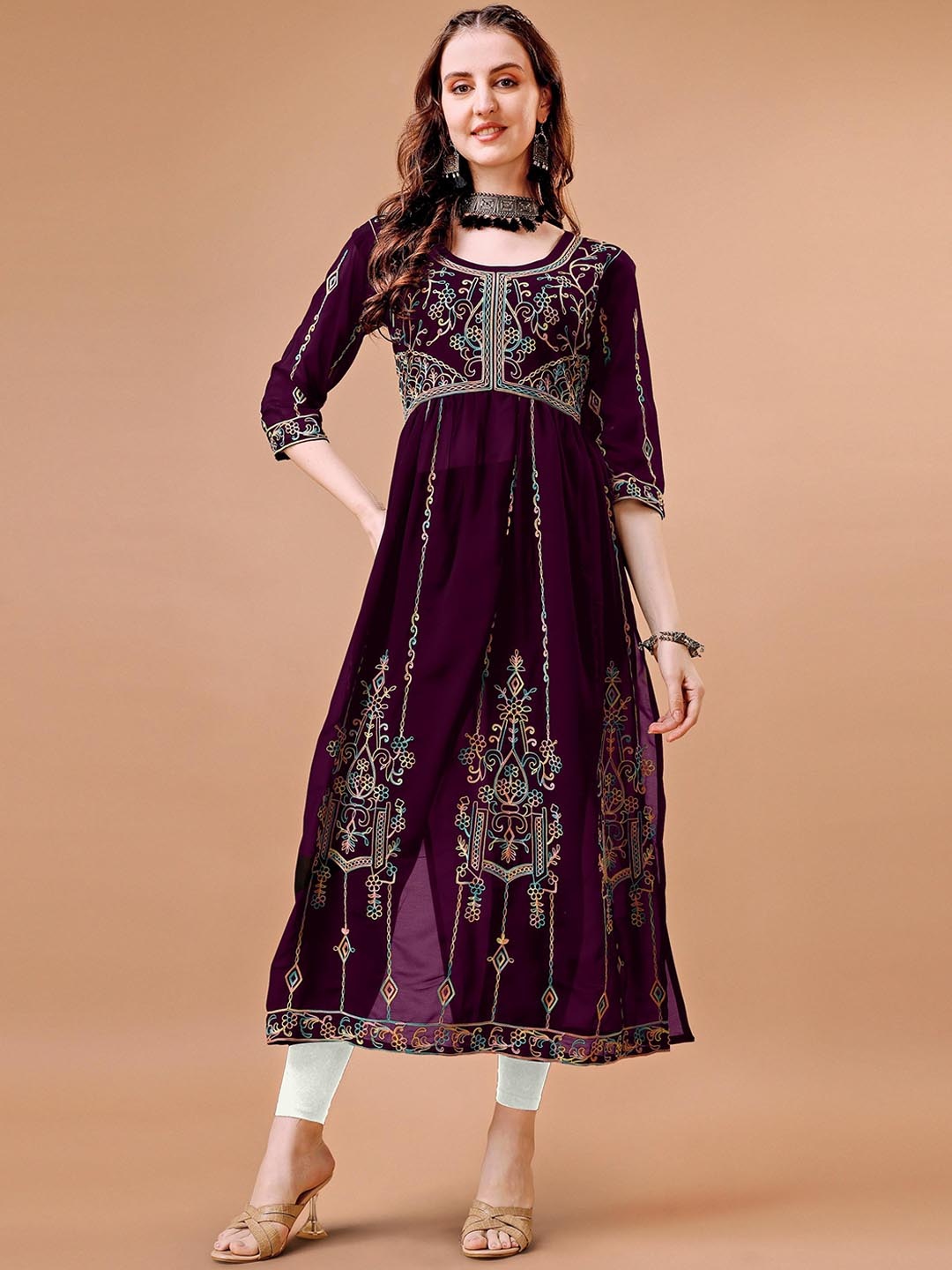 

Shree Ramkrishna Fab Floral Embroidered Chikankari Georgette Anarkali Kurta, Purple