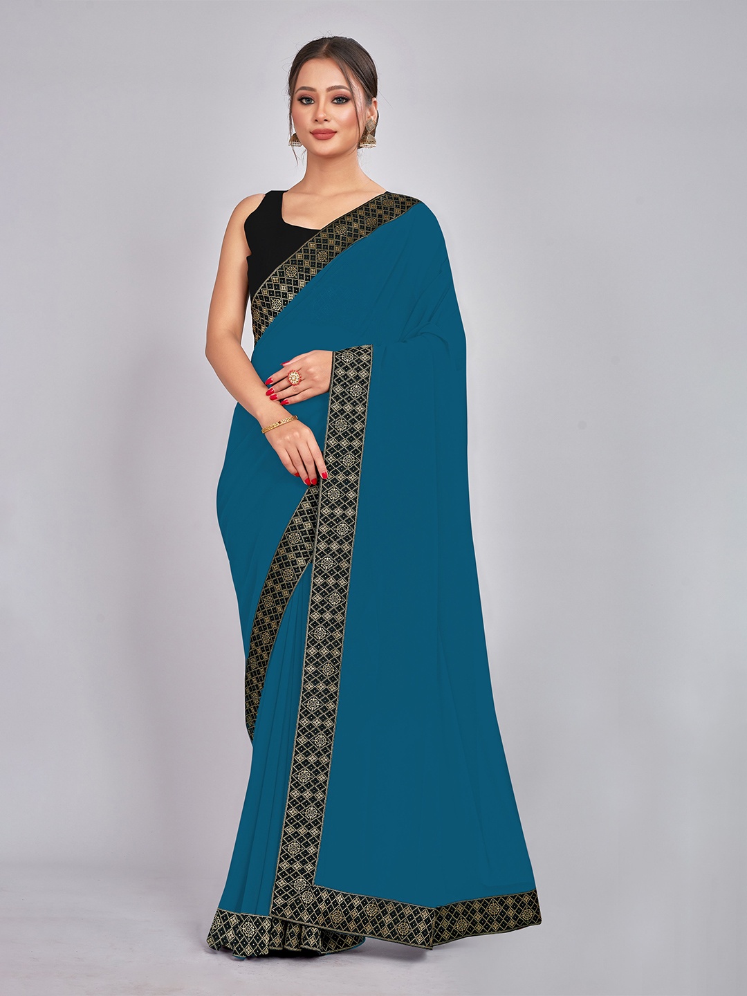 

CastilloFab Zari Pure Georgette Saree, Teal
