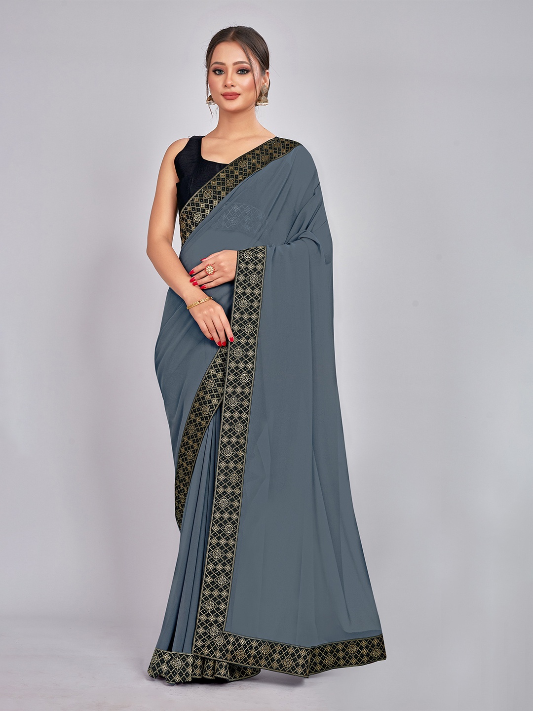 

CastilloFab Zari Pure Georgette Saree, Grey