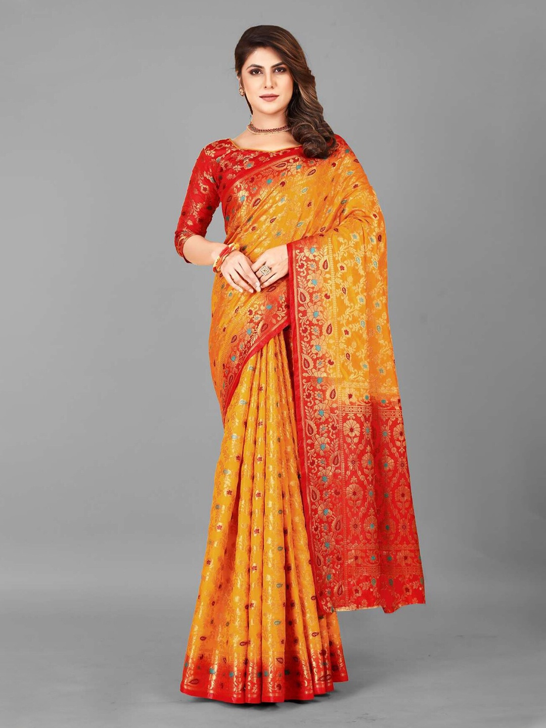 

VASTRAME Ethnic Motifs Woven Design Zari Banarasi Saree, Yellow