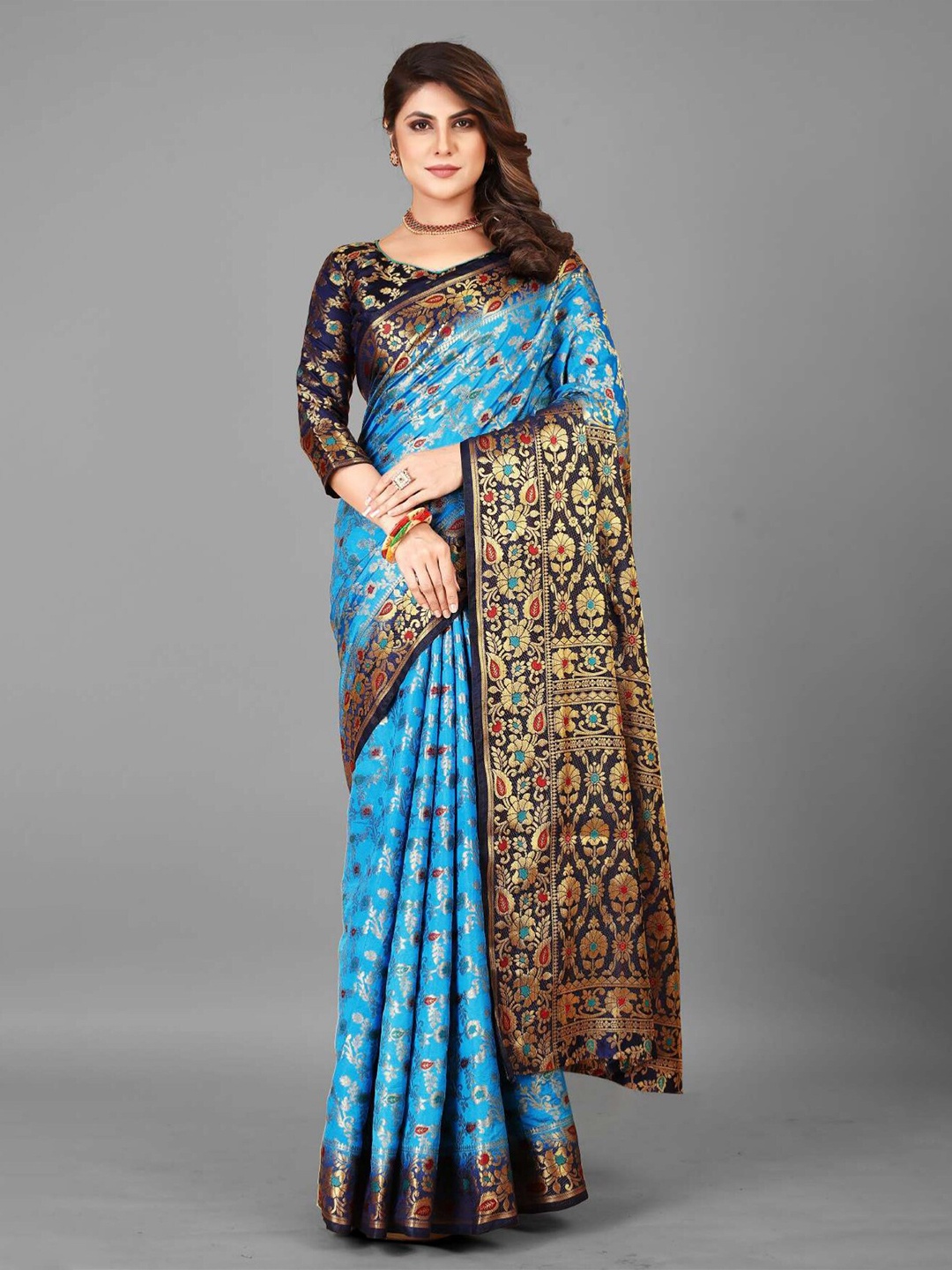 

VASTRAME Ethnic Motifs Woven Design Zari Banarasi Saree, Blue