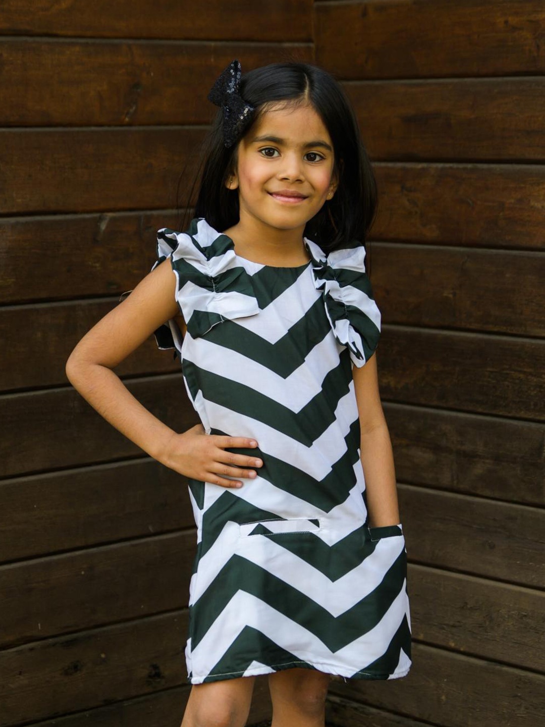 

Fairies Forever Girls Geometric Printed Sleeveless Ruffles Detail Cotton A-Line Dress, Green