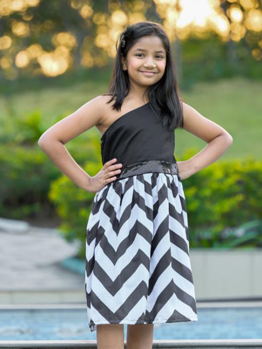 

Fairies Forever Girls Chevron Printed One Shoulder Belted Pure Cotton Fit & Flare Dress, Black