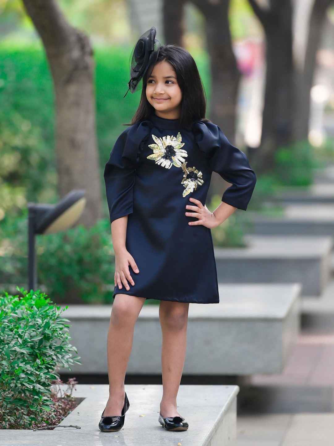 

Fairies Forever Girls Embellished Puff Sleeves Pure Cotton A-Line Dress, Black