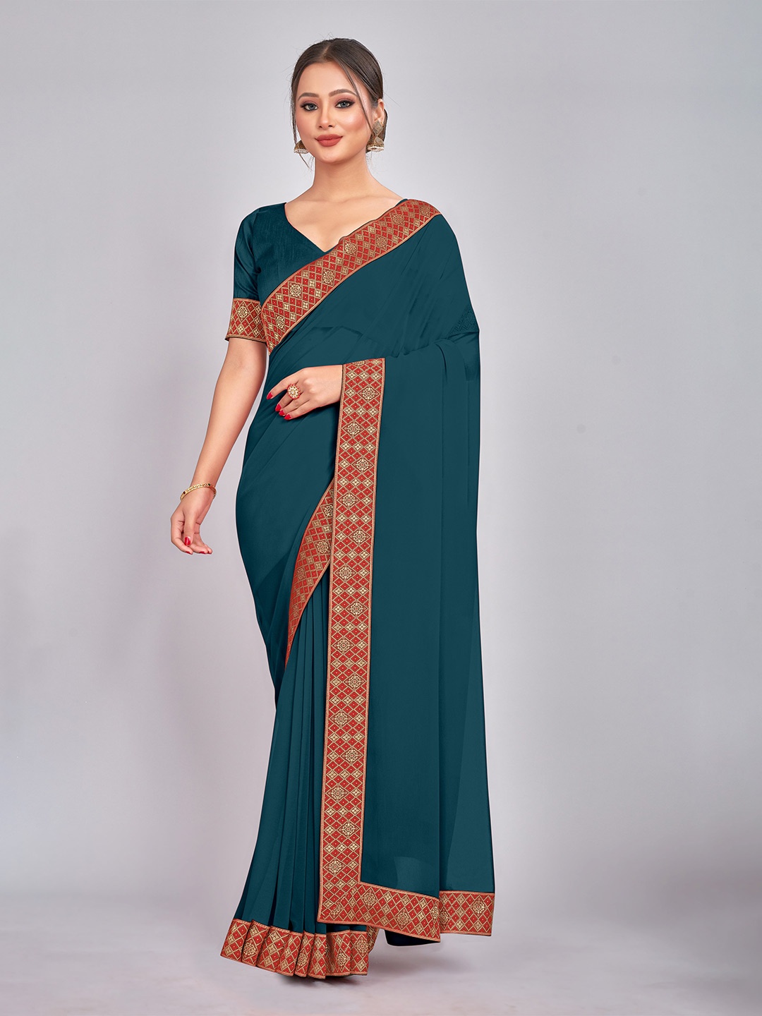 

CastilloFab Pure Georgette Saree, Teal