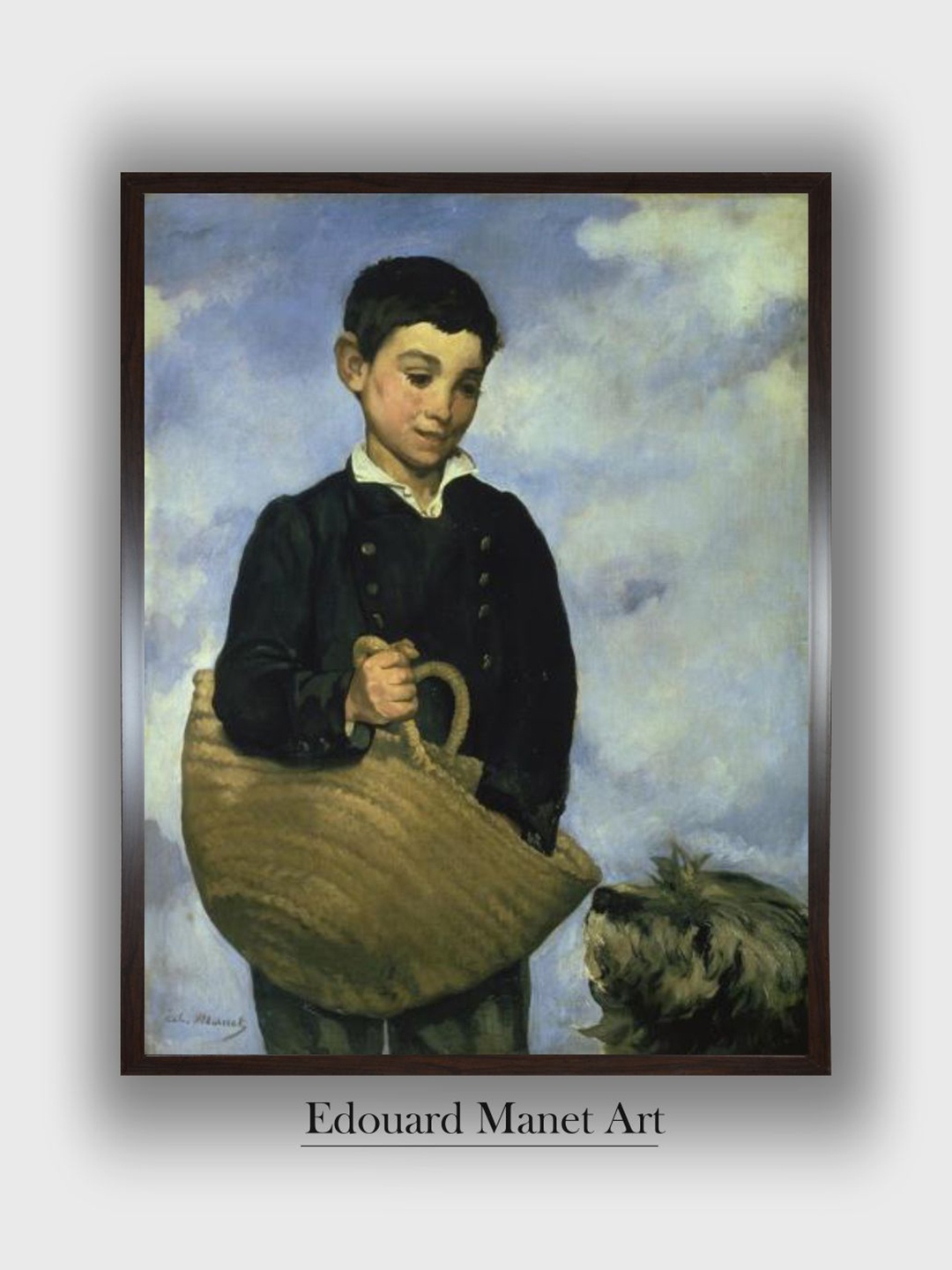 

The Art House Black & White Boy with a Basket and Dog Wooden Framed Painting Wall Art