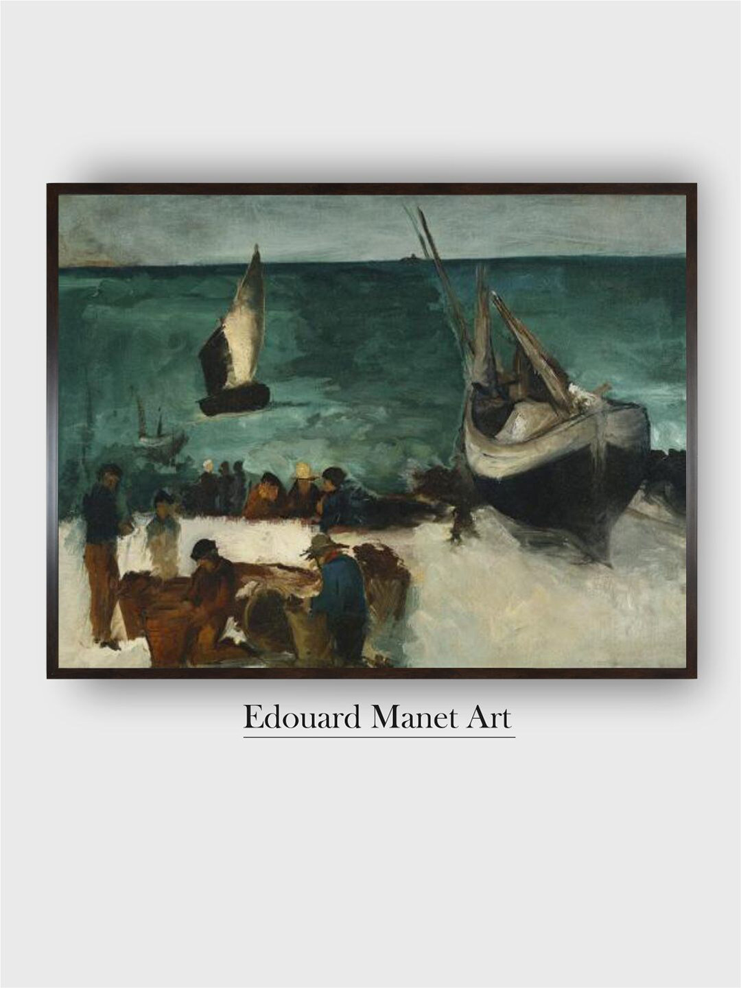 

The Art House Green & Brown Fishing Boats and Fishermen Wooden Framed Painting Wall Art