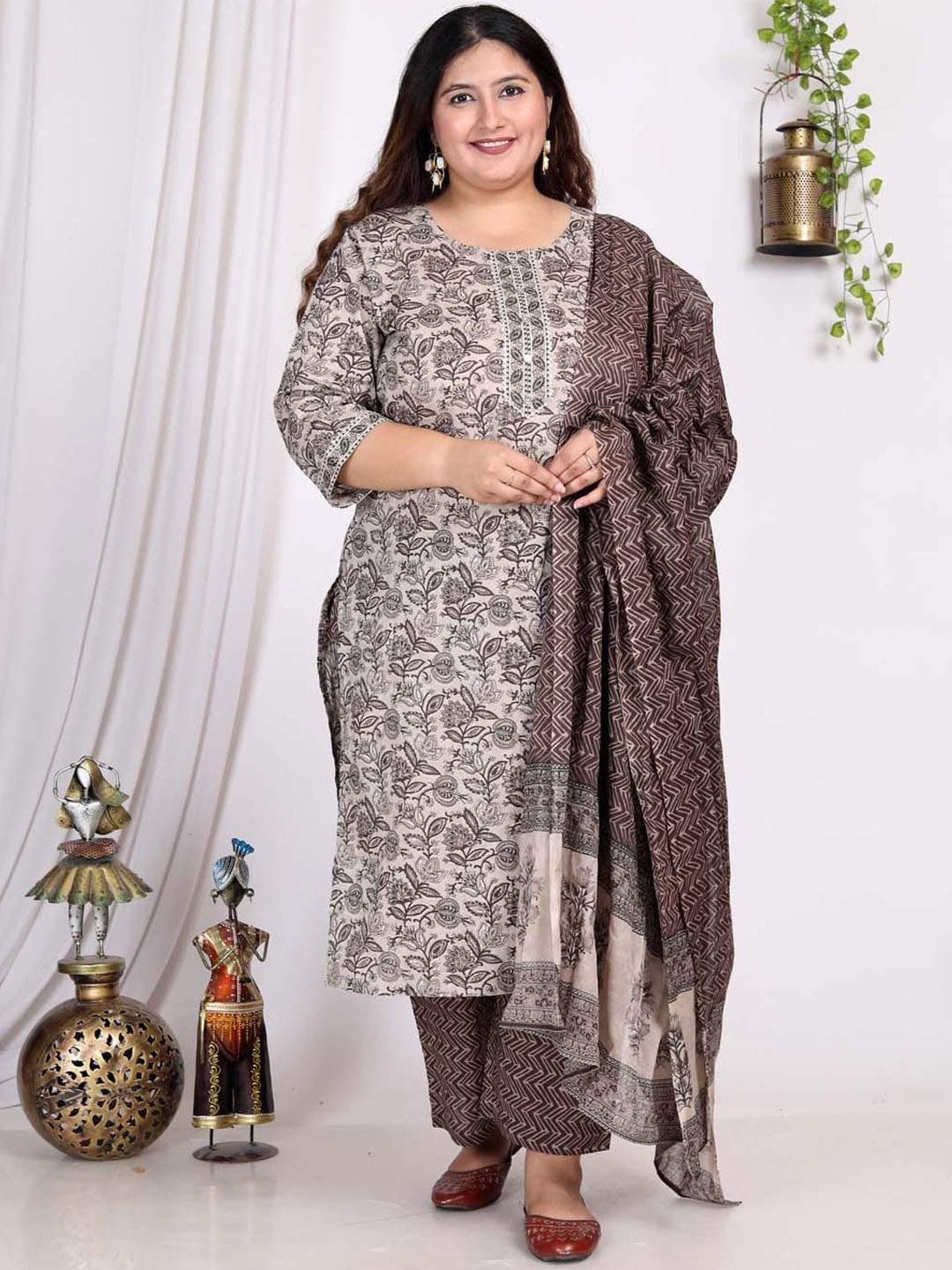 

Meena Bazaar Floral Printed Kurta with Palazzos & Dupatta, Beige