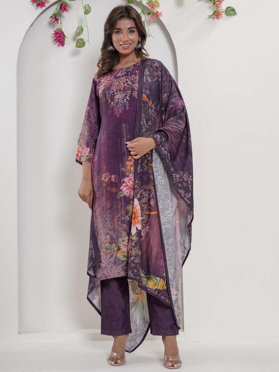 

Meena Bazaar Floral Printed Sequinned Art Silk Kurta With Trousers & Dupatta, Purple