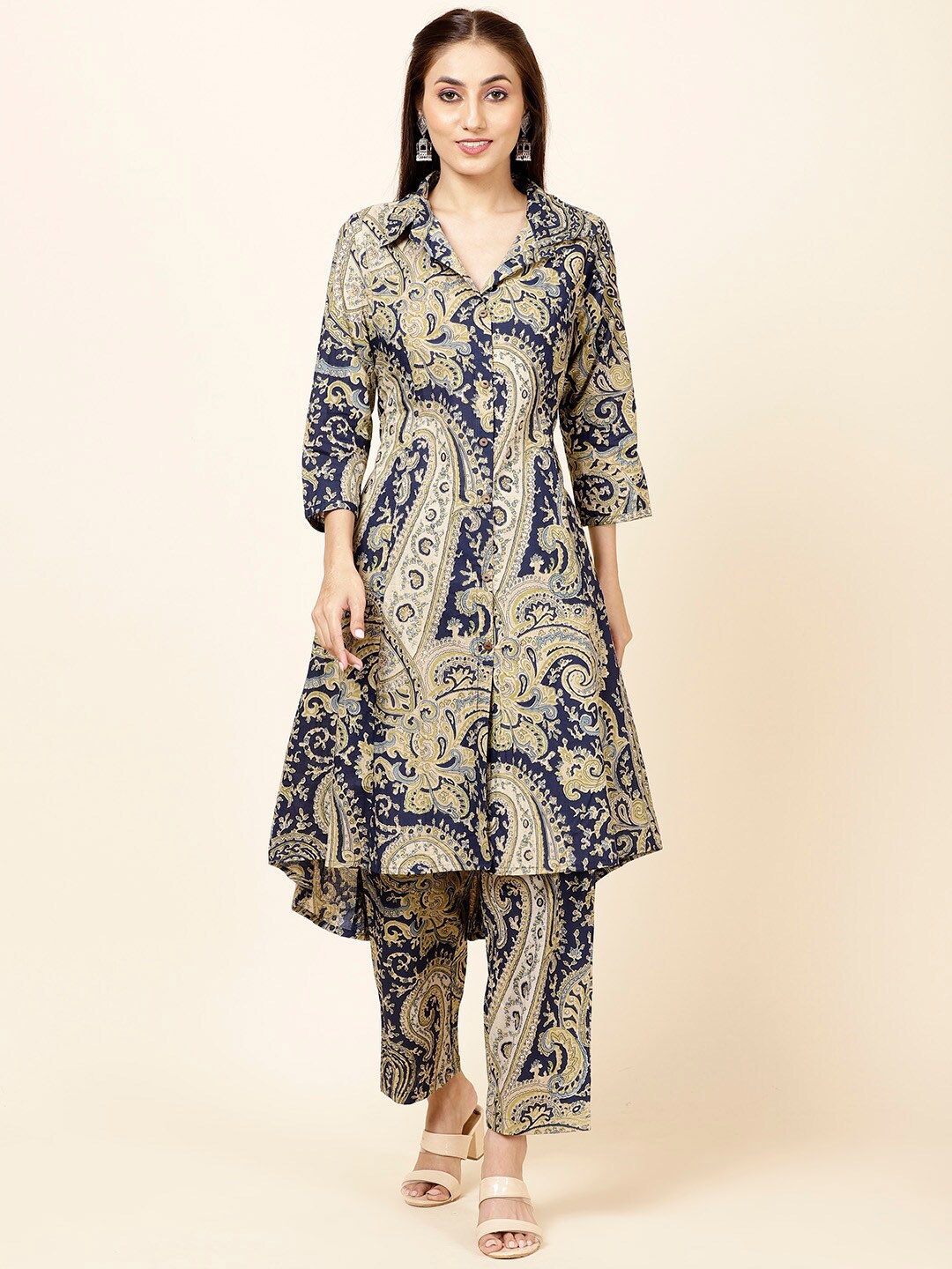 

Meena Bazaar Paisley Printed Shirt Collar A-Line Kurta with Trousers, Navy blue
