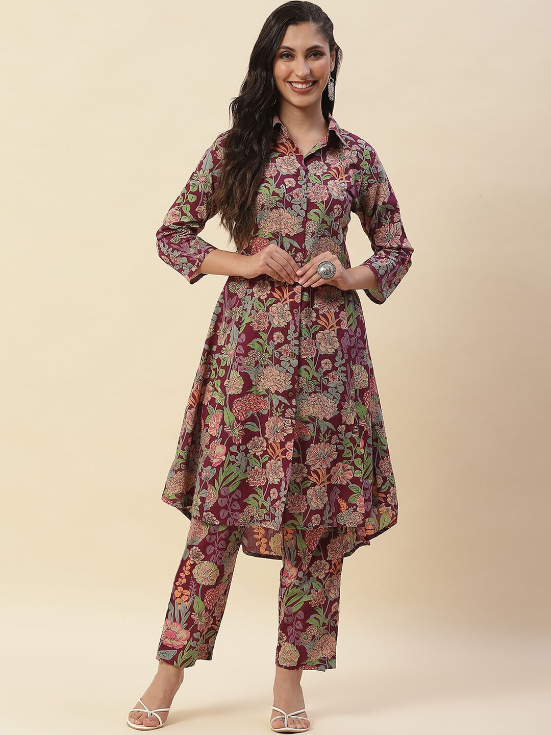 

Meena Bazaar Floral Printed Shirt Collar A-Line Kurta with Trousers, Burgundy
