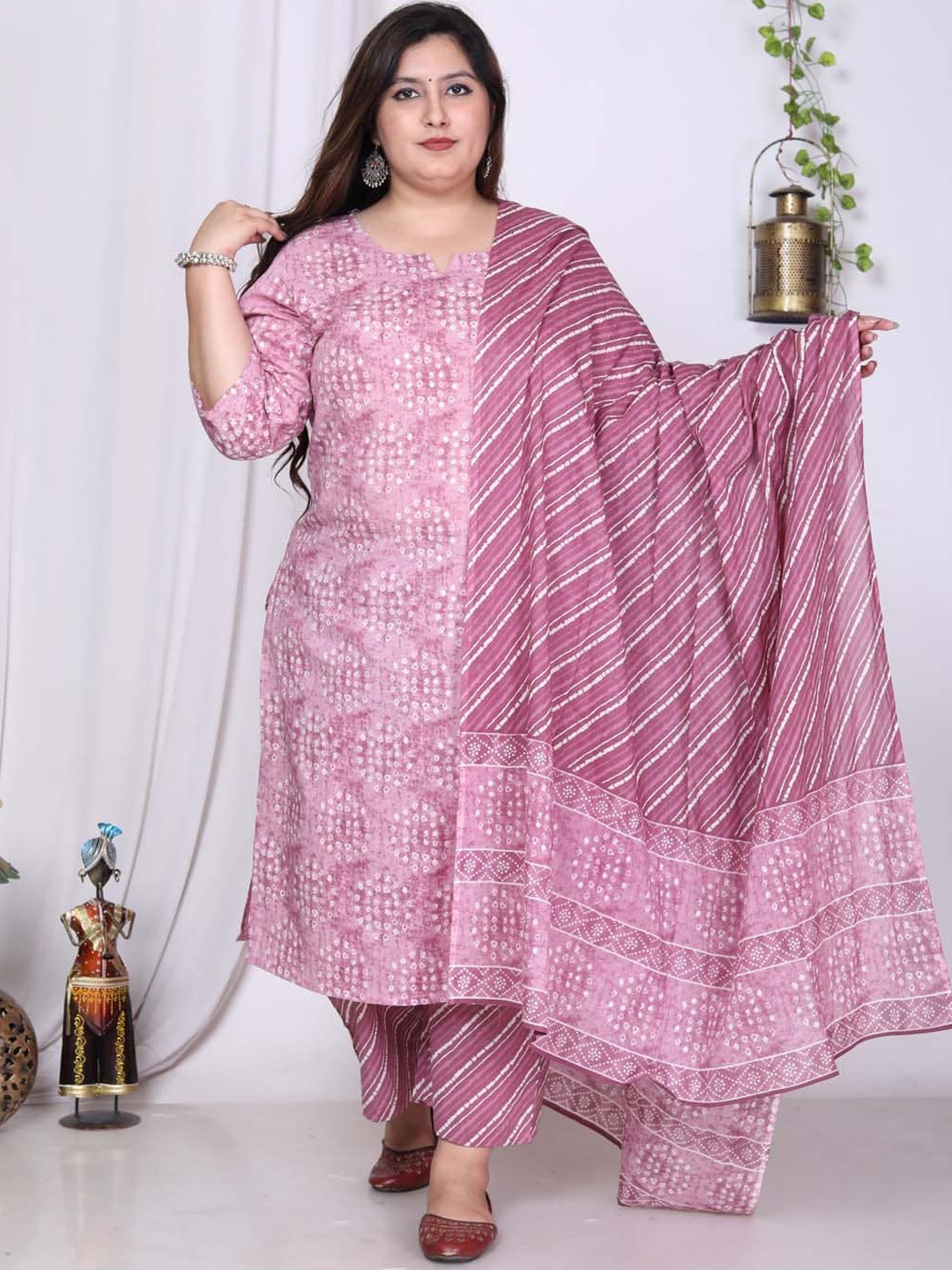 

Meena Bazaar Plus Size Bandhani Printed Kurta With Palazzos & Dupatta, Pink