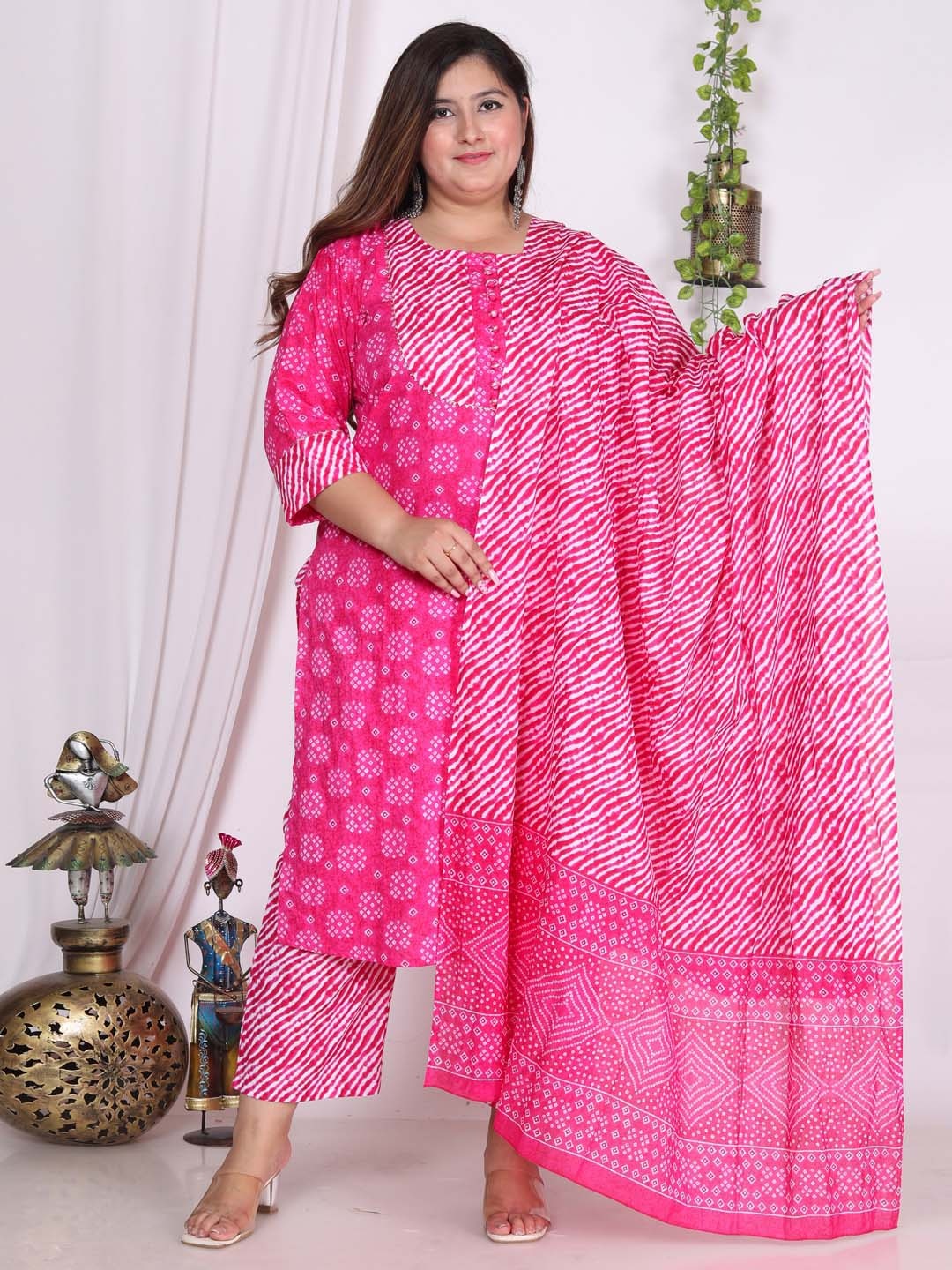 

Meena Bazaar Plus Size Bandhani Printed Kurta With Palazzos & Dupatta, Pink