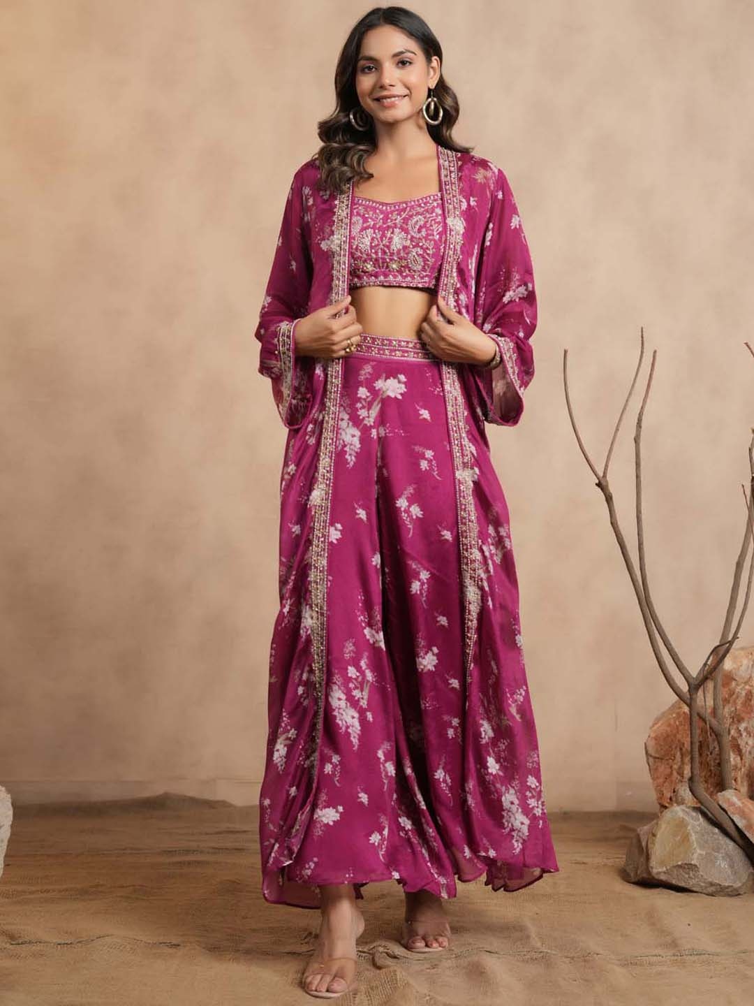

Meena Bazaar Embroidered Top With Palazzo & jacket, Pink