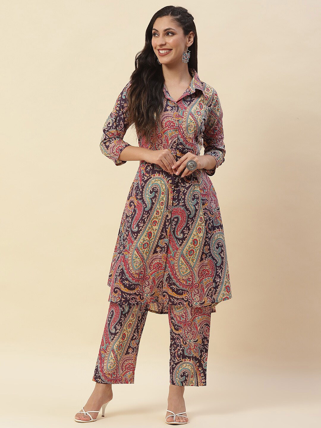 

Meena Bazaar Paisley Printed Shirt Collar Kurta with Trousers, Beige