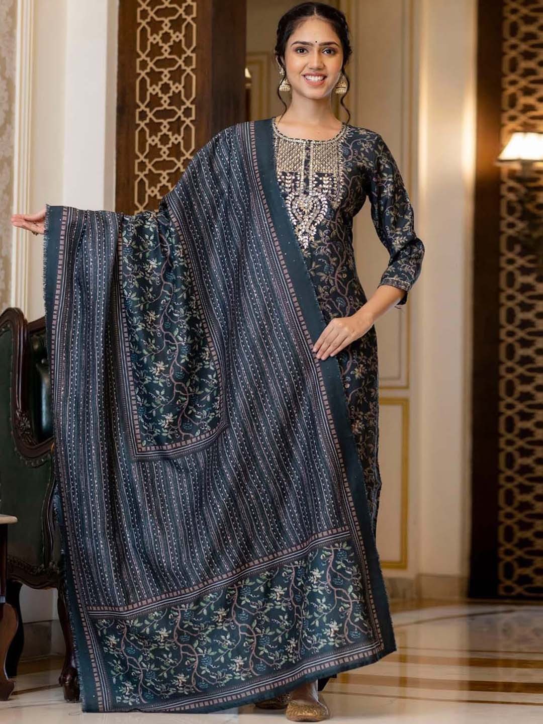 

Meena Bazaar Floral Printed Kurta With Trousers & Dupatta, Green