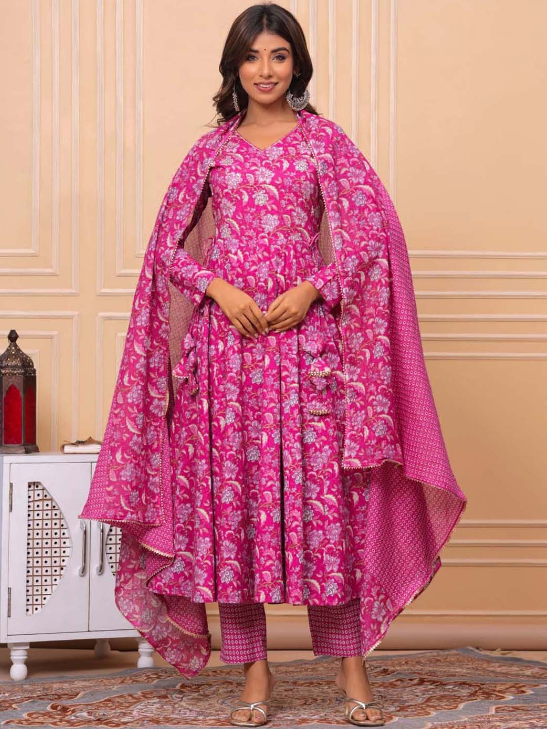 

Meena Bazaar Floral Printed Kurta with Trousers & Dupatta, Pink
