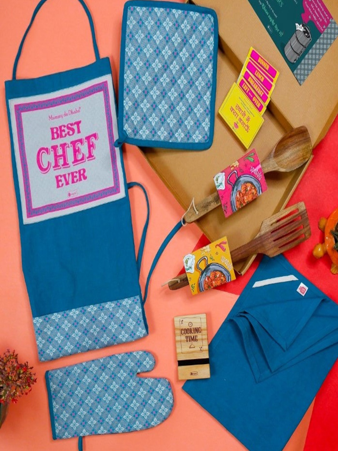 

Indigifts Blue Mothers Cotton Aprons & Wooden Cooking Spoon