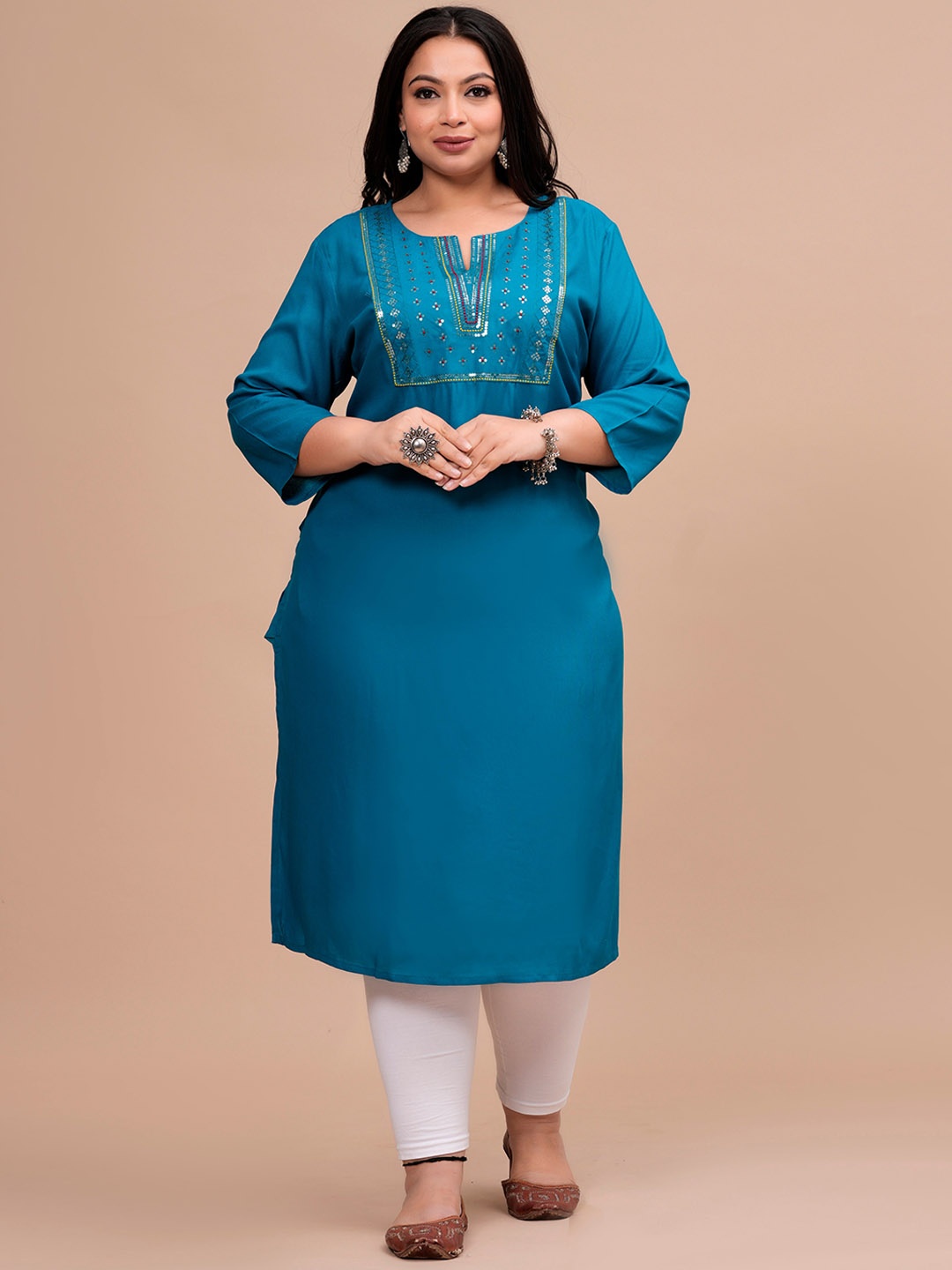 

Sztori Rayon Embroidered Sequinned Kurta, Turquoise blue