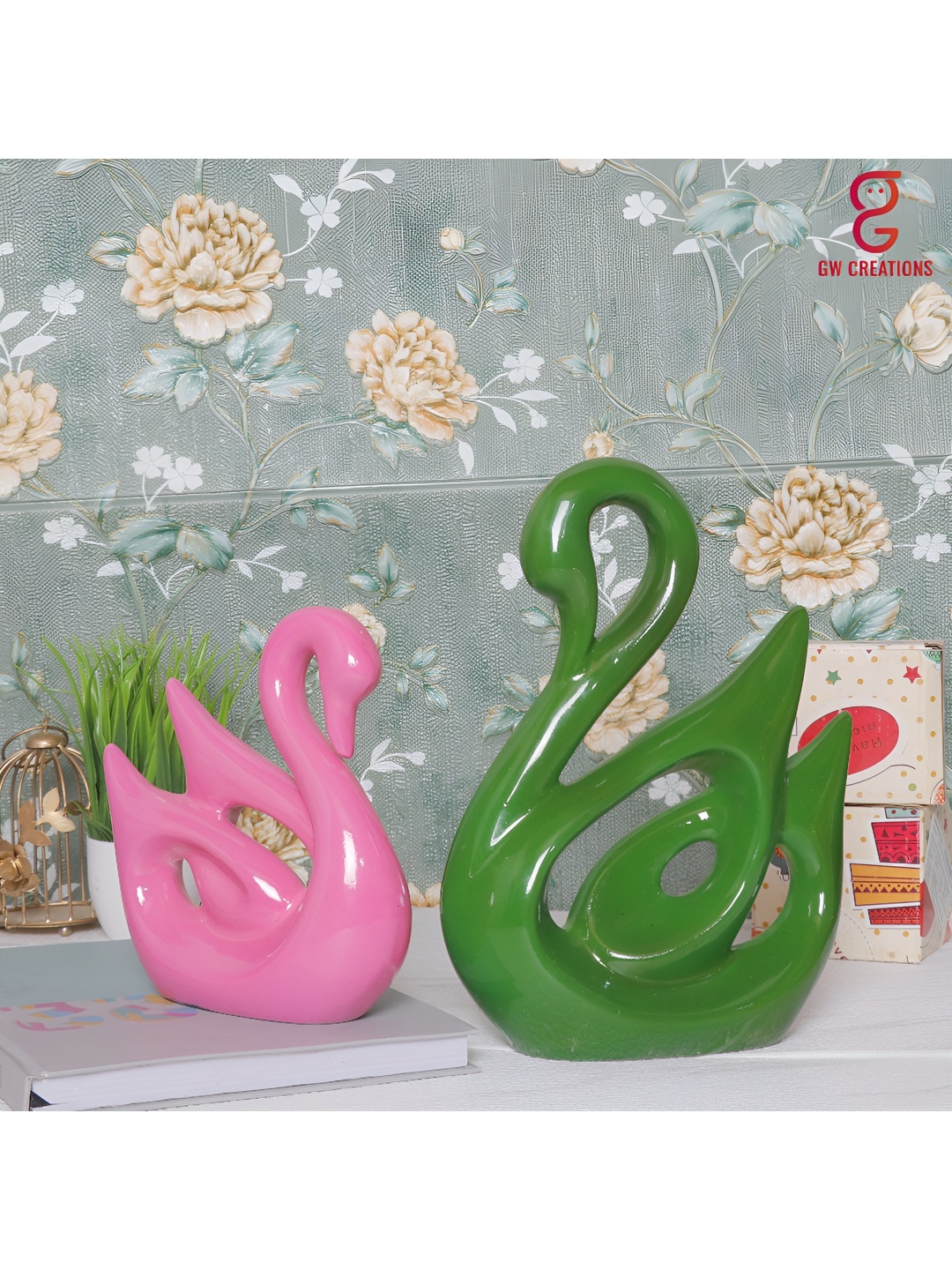 

GW CREATIONS Green & Pink 2 Pieces Figurine Showpiece