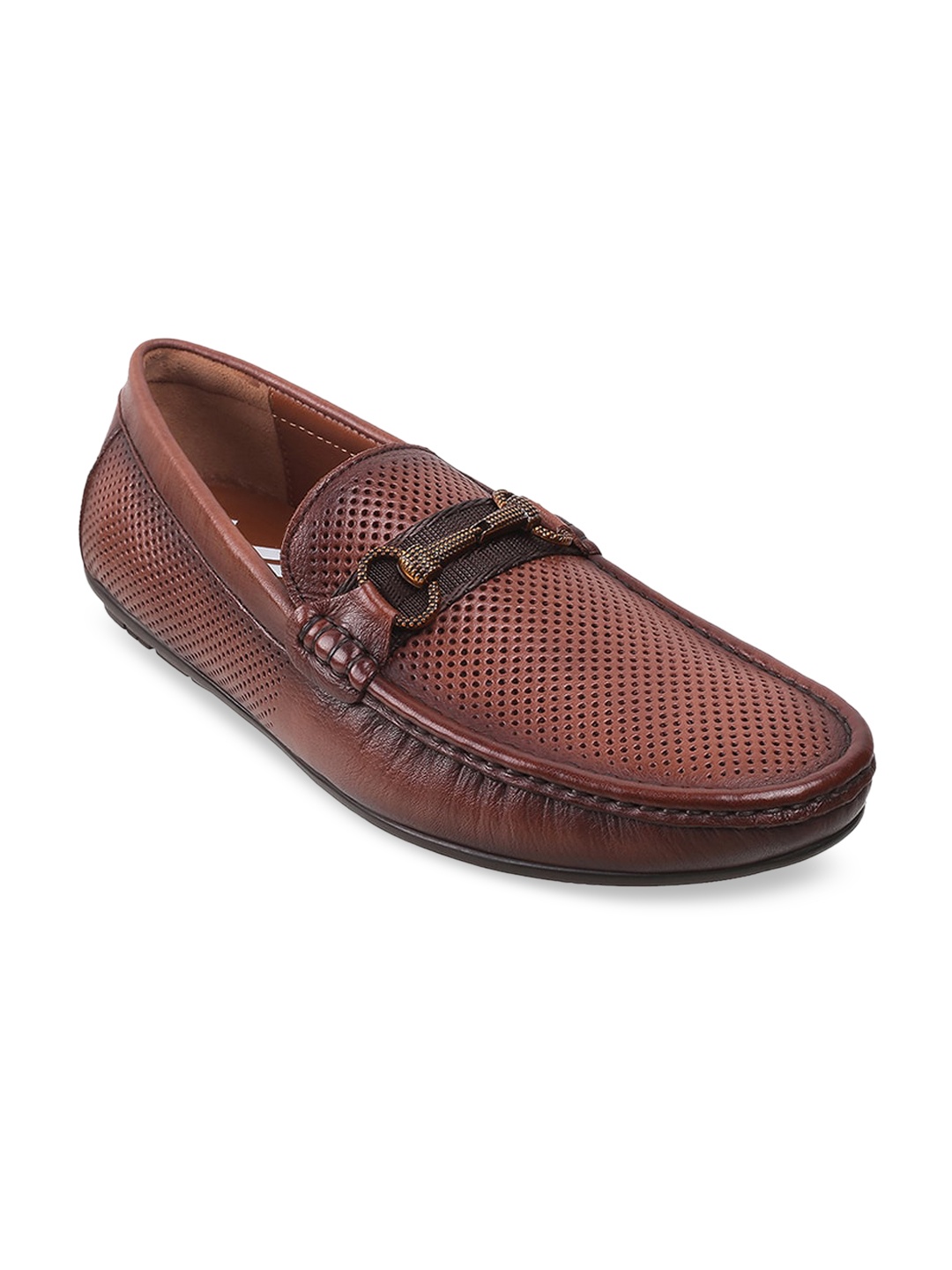 

DAVINCHI Men Perforations Round Toe Leather Loafers, Tan