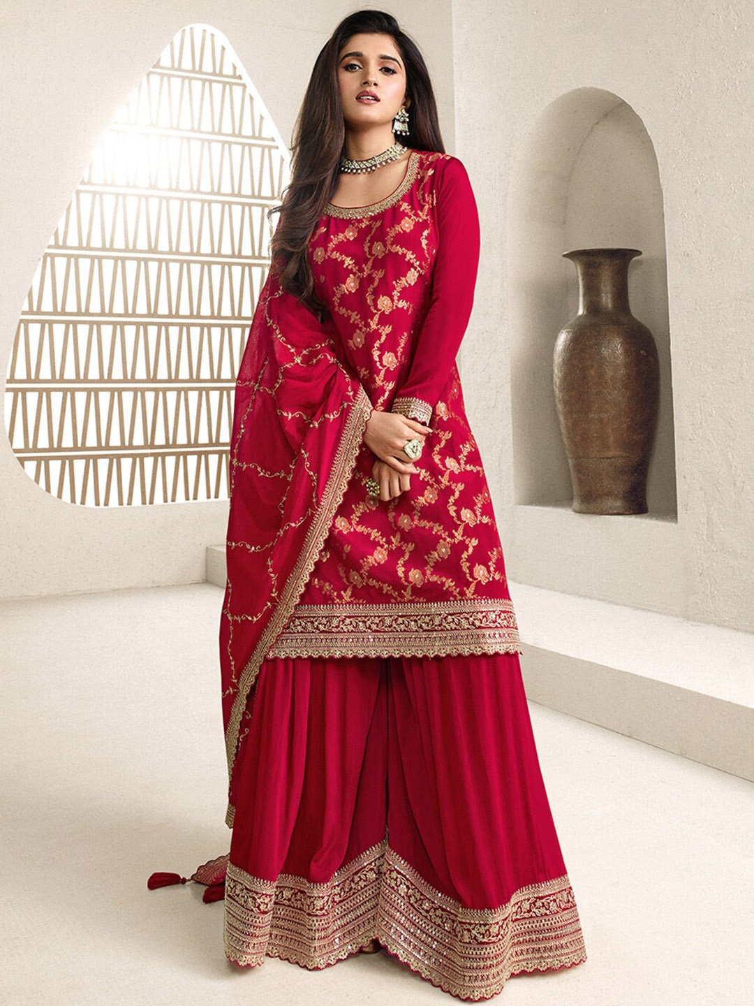 

Seerat Ethnic Motifs Woven Design Thread Work Jacquard Kurta with Sharara & Dupatta, Red