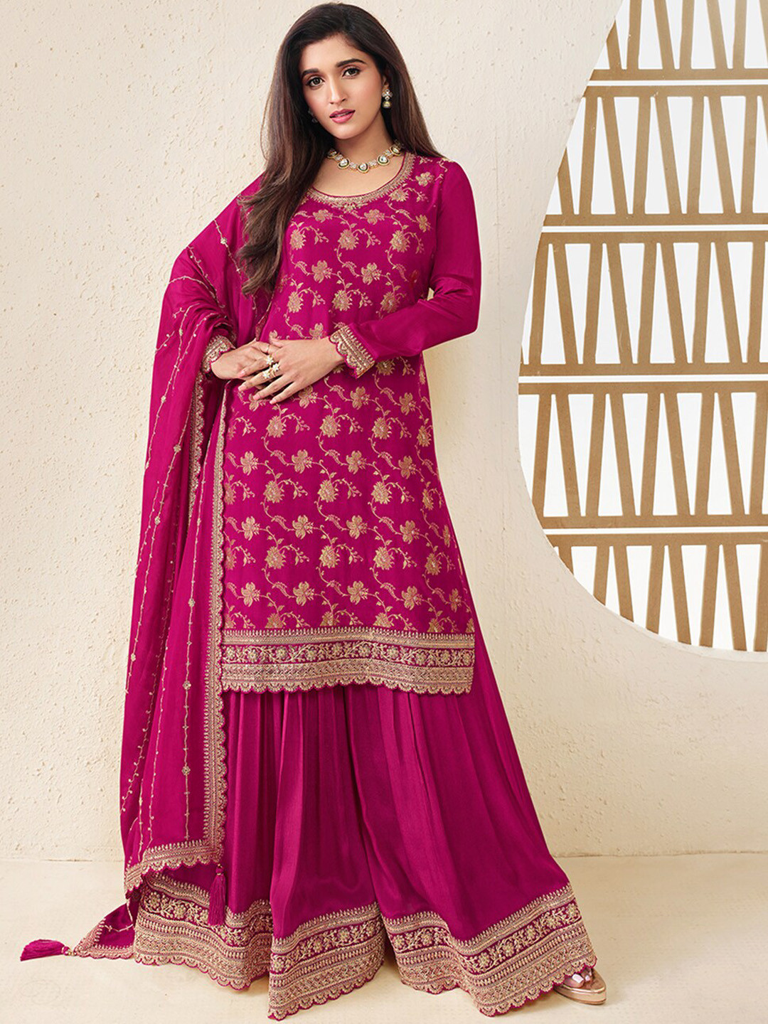 

Seerat Ethnic Motifs Woven Design Thread Work Jacquard Kurta with Sharara & Dupatta, Magenta