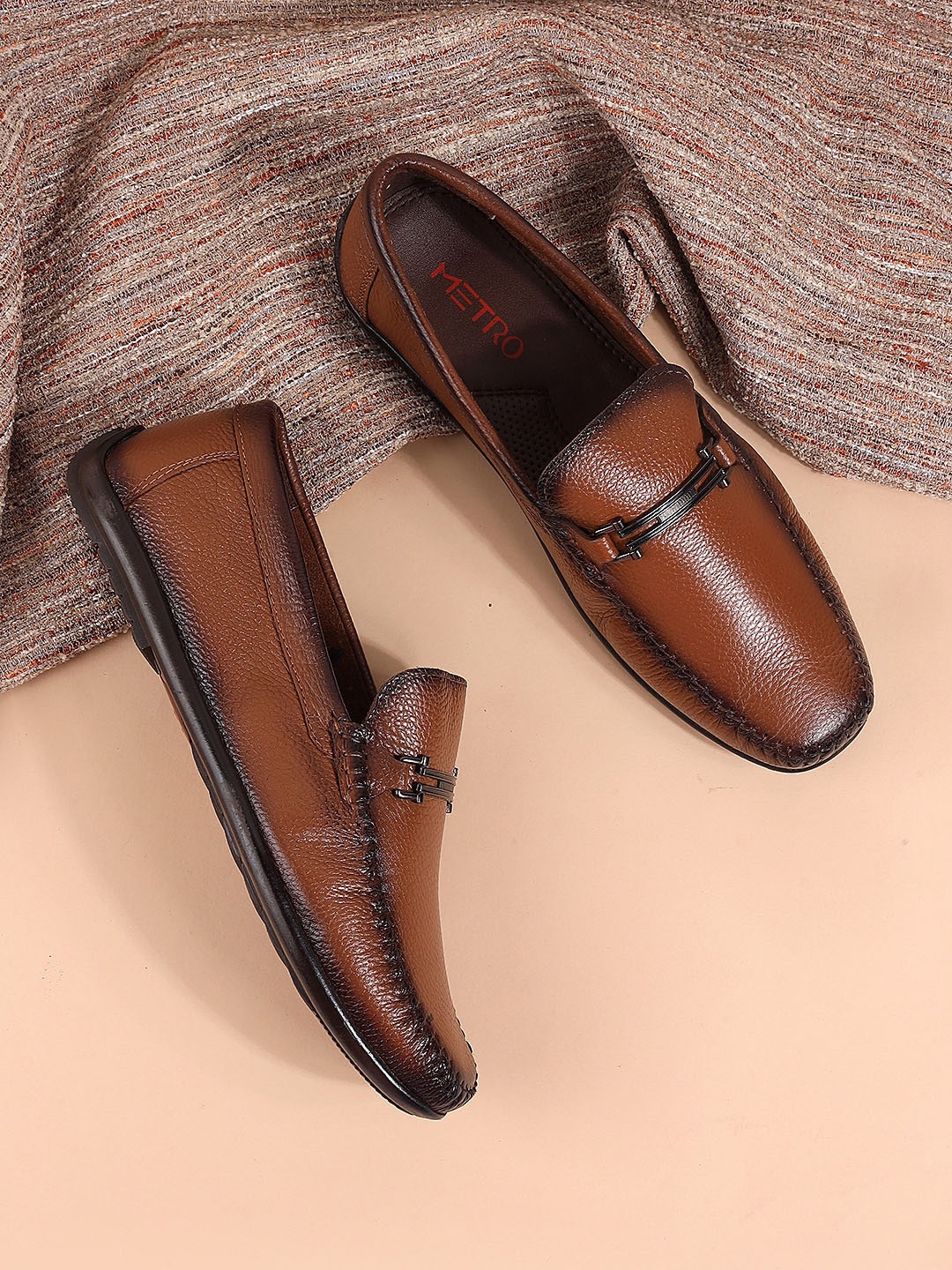 

Metro Men Textured Square Toe Leather Horsebit Driving Shoes, Tan
