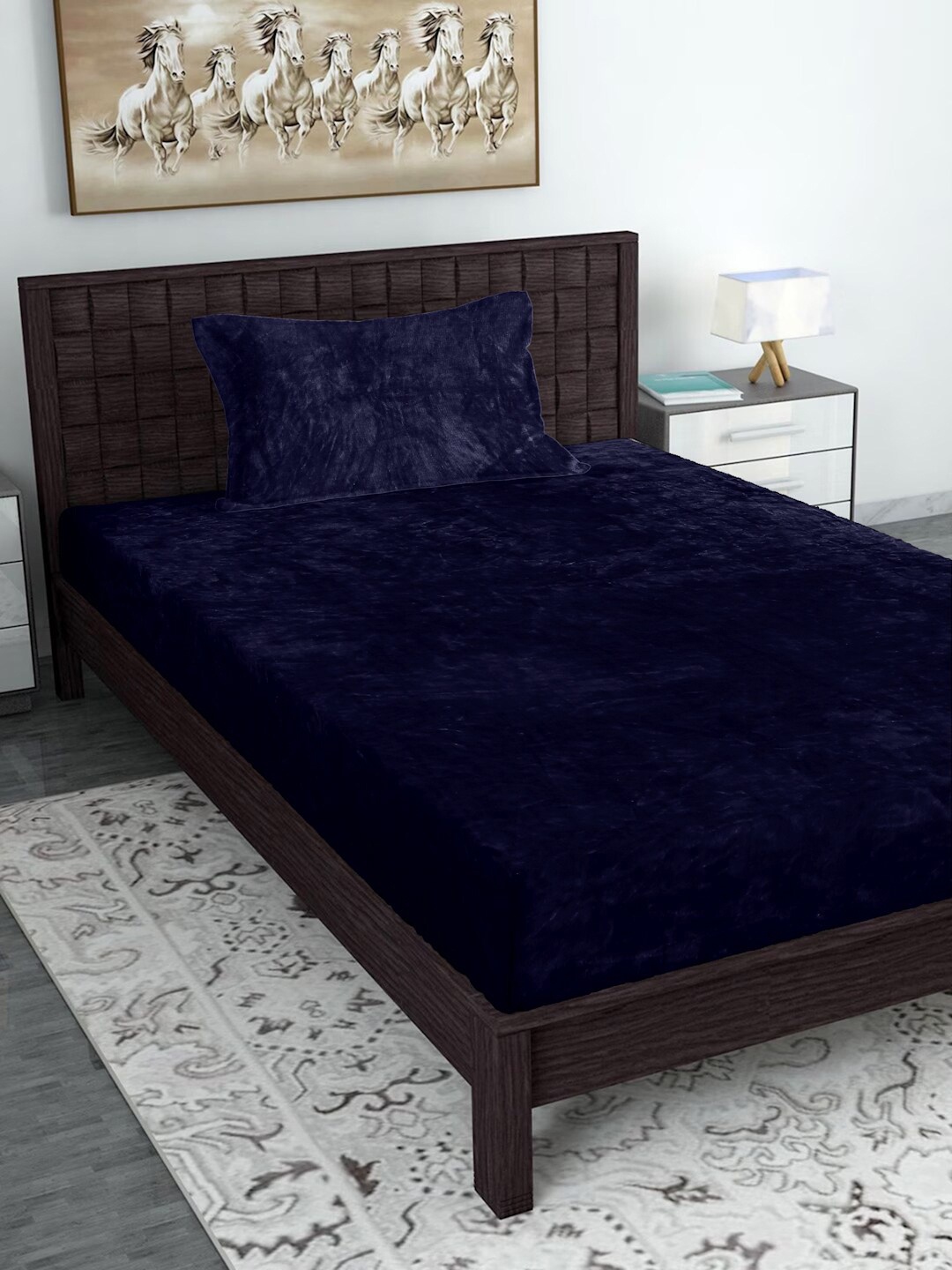 

HOSTA HOMES Blue 300 TC Single Fitted Bedsheet with 1 Pillow Cover