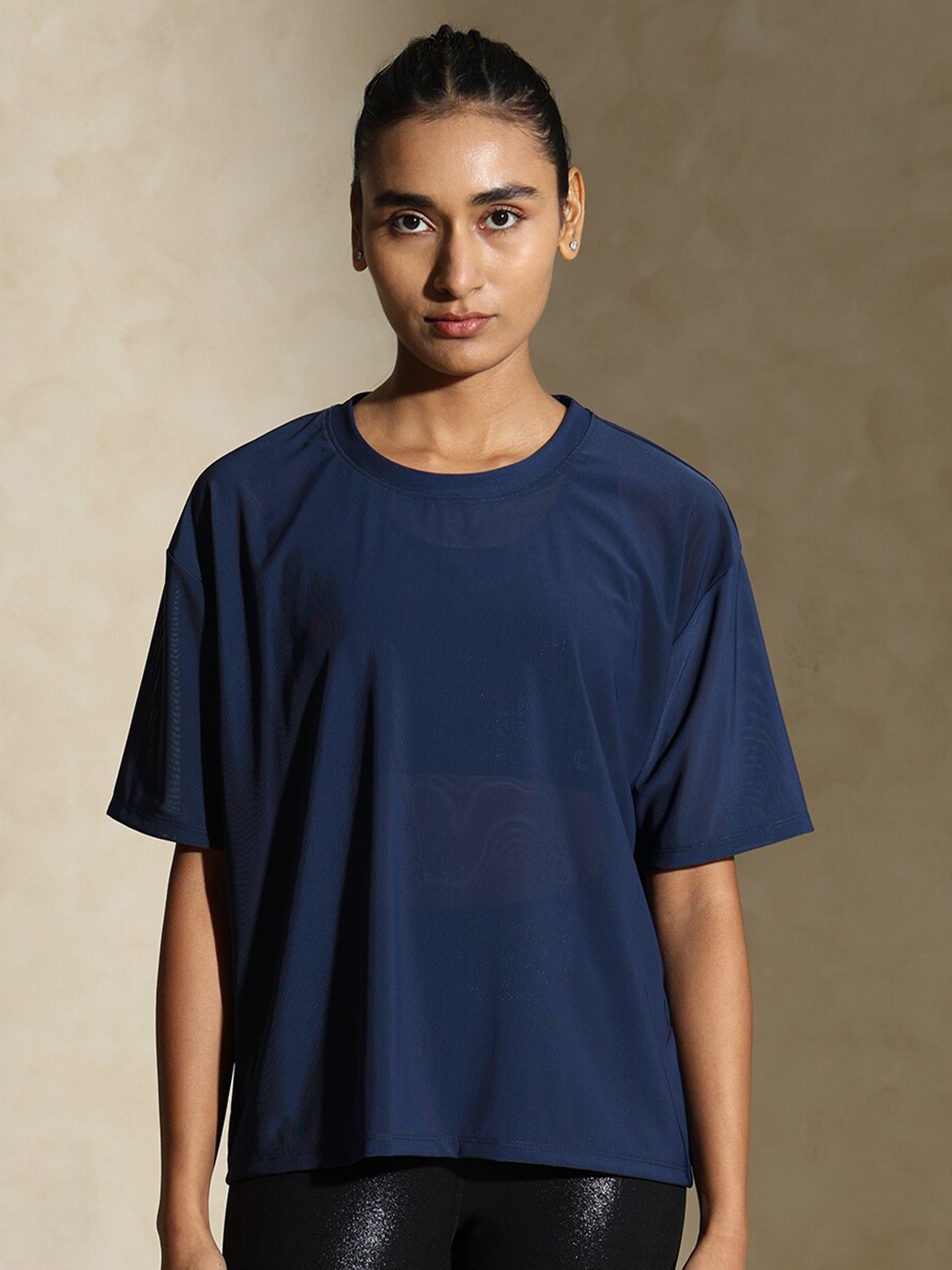 

Silvertraq Round Neck Drop-Shoulder Sleeves Dry Fit Sports T-shirt, Navy blue
