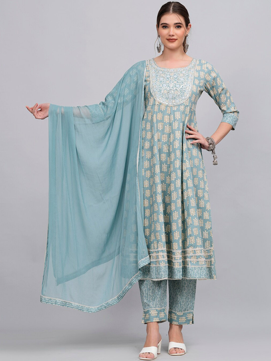 

KALINI Ethnic Motifs Printed Sequined Pure Cotton Kurta & Trousers With Dupatta, Blue