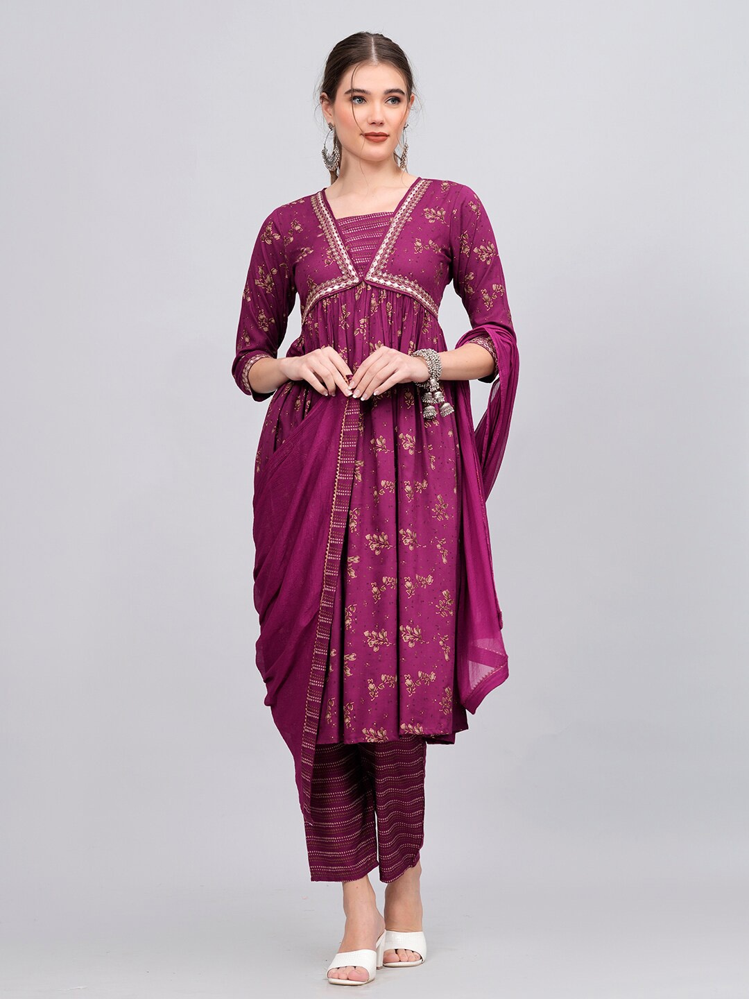 

KALINI Floral Printed Sequined Kurta & Trousers With Dupatta, Purple