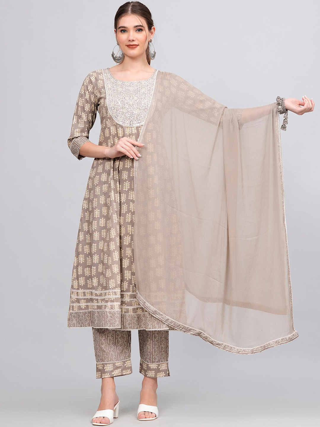 

KALINI Ethnic Motifs Printed Sequined Pure Cotton Kurta & Trousers With Dupatta, Grey